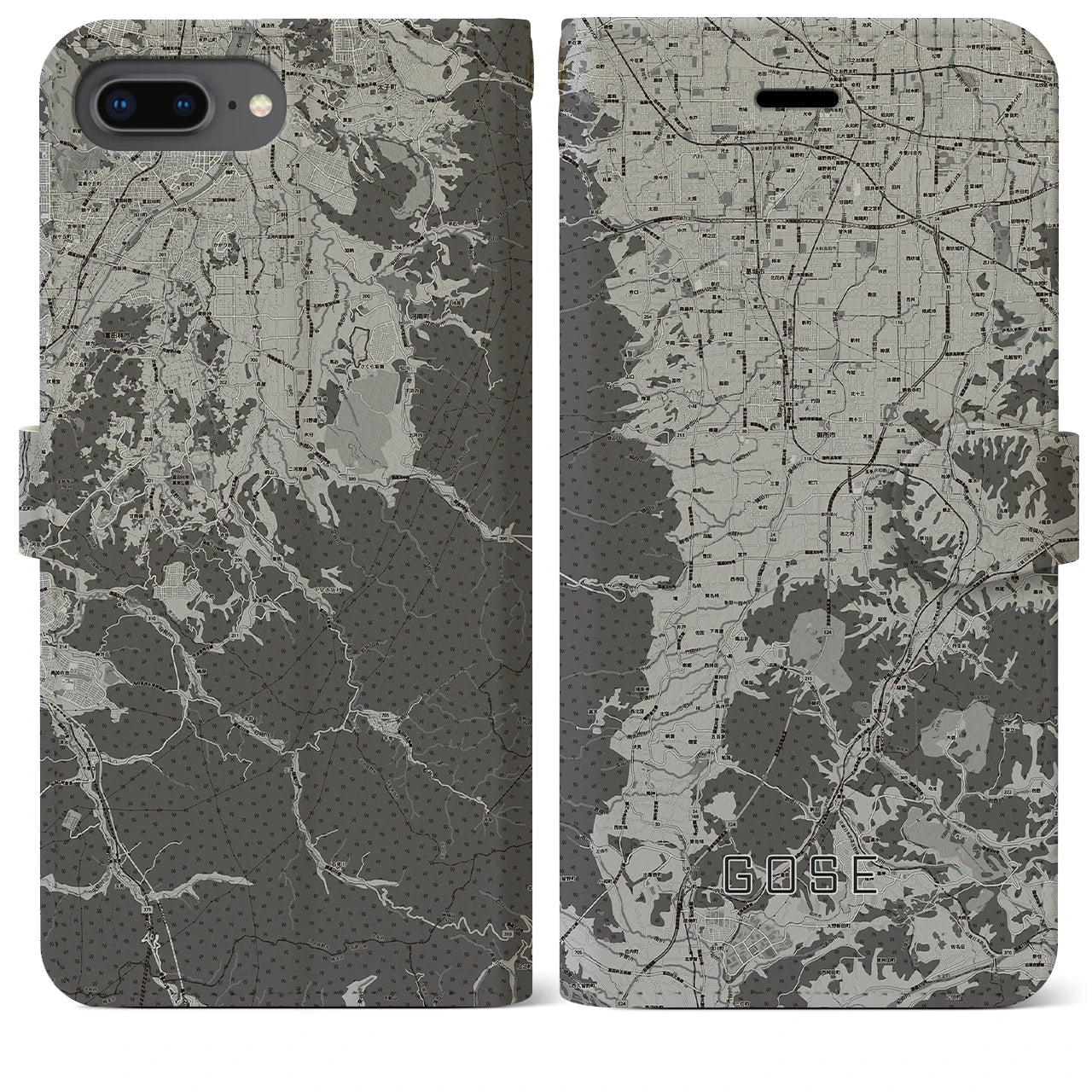 【御所(奈良県)】地図柄iPhoneケース(手帳タイプ)モノトーン・iPhone 8Plus /7Plus / 6sPlus / 6Plus 用