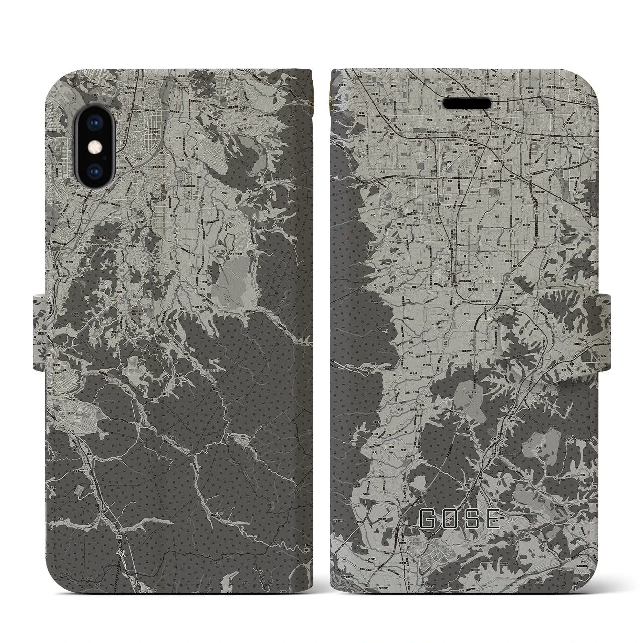 【御所(奈良県)】地図柄iPhoneケース(手帳タイプ)モノトーン・iPhone XS / X 用