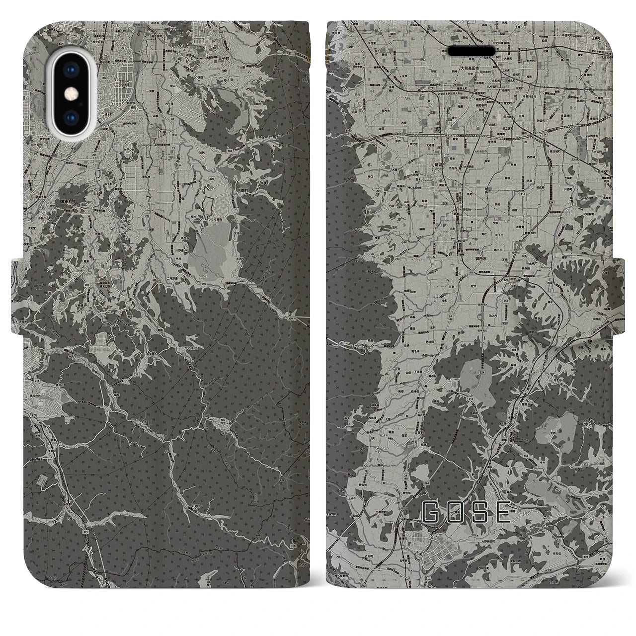 【御所(奈良県)】地図柄iPhoneケース(手帳タイプ)モノトーン・iPhone XS Max 用