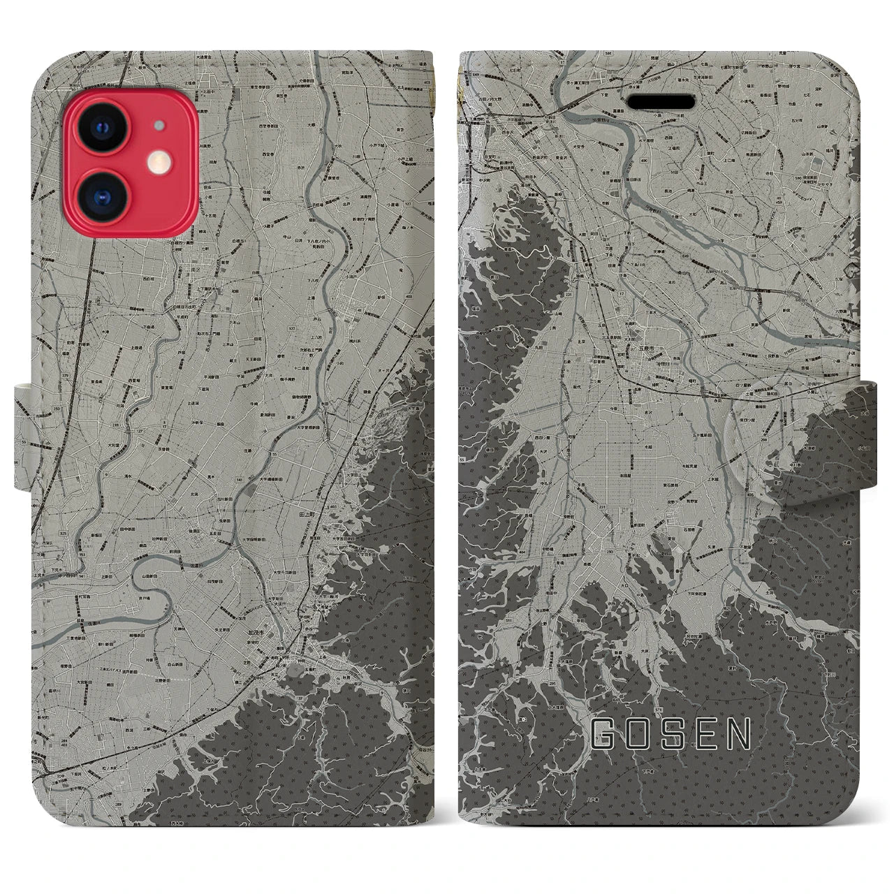 【五泉(新潟県)】地図柄iPhoneケース(手帳タイプ)モノトーン・iPhone 11 用