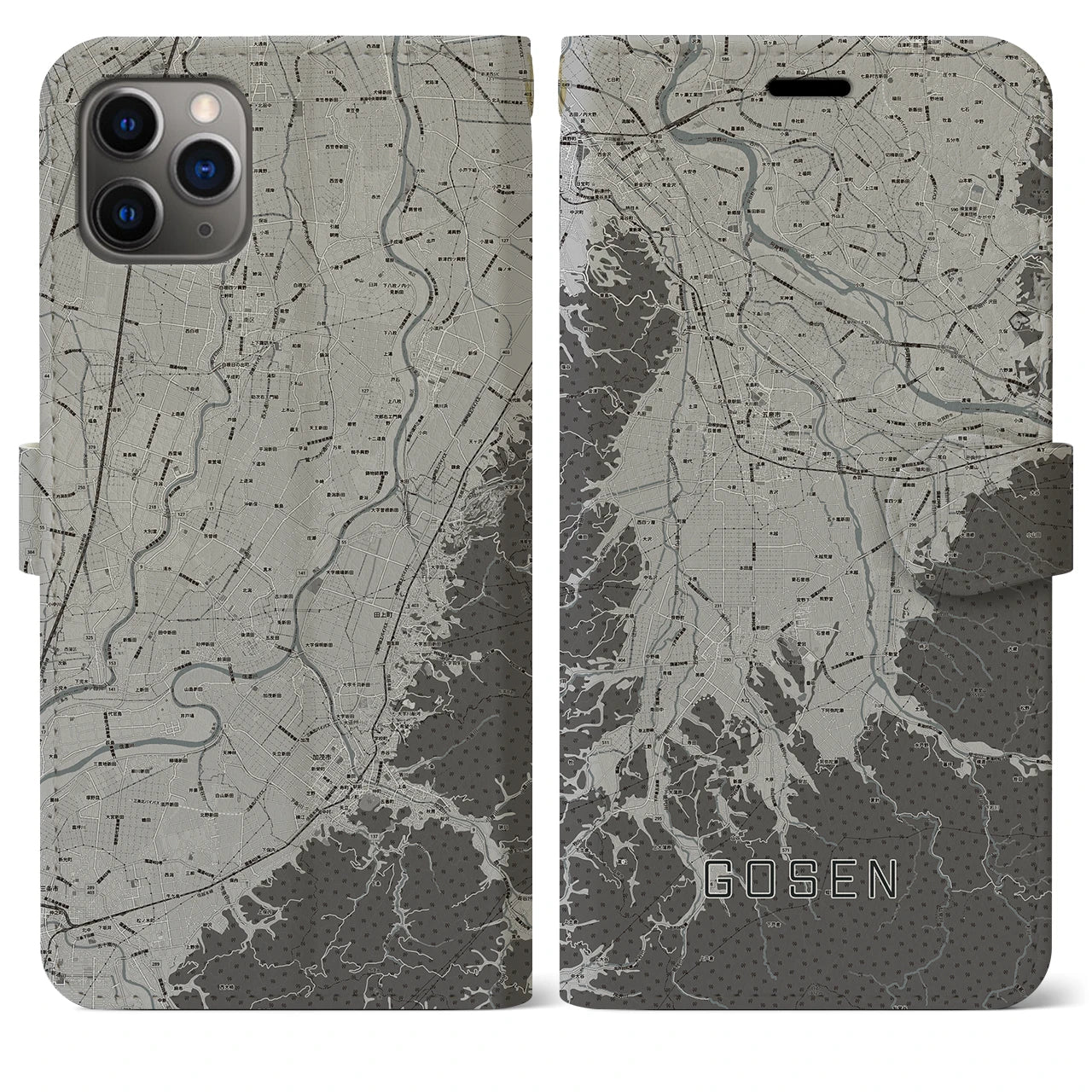 【五泉(新潟県)】地図柄iPhoneケース(手帳タイプ)モノトーン・iPhone 11 Pro Max 用