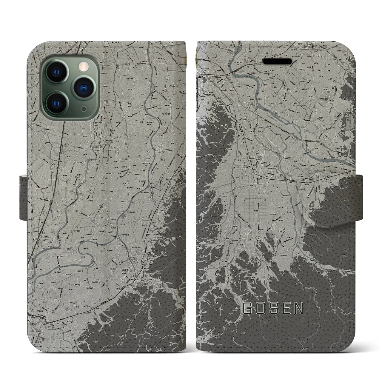 【五泉(新潟県)】地図柄iPhoneケース(手帳タイプ)モノトーン・iPhone 11 Pro 用