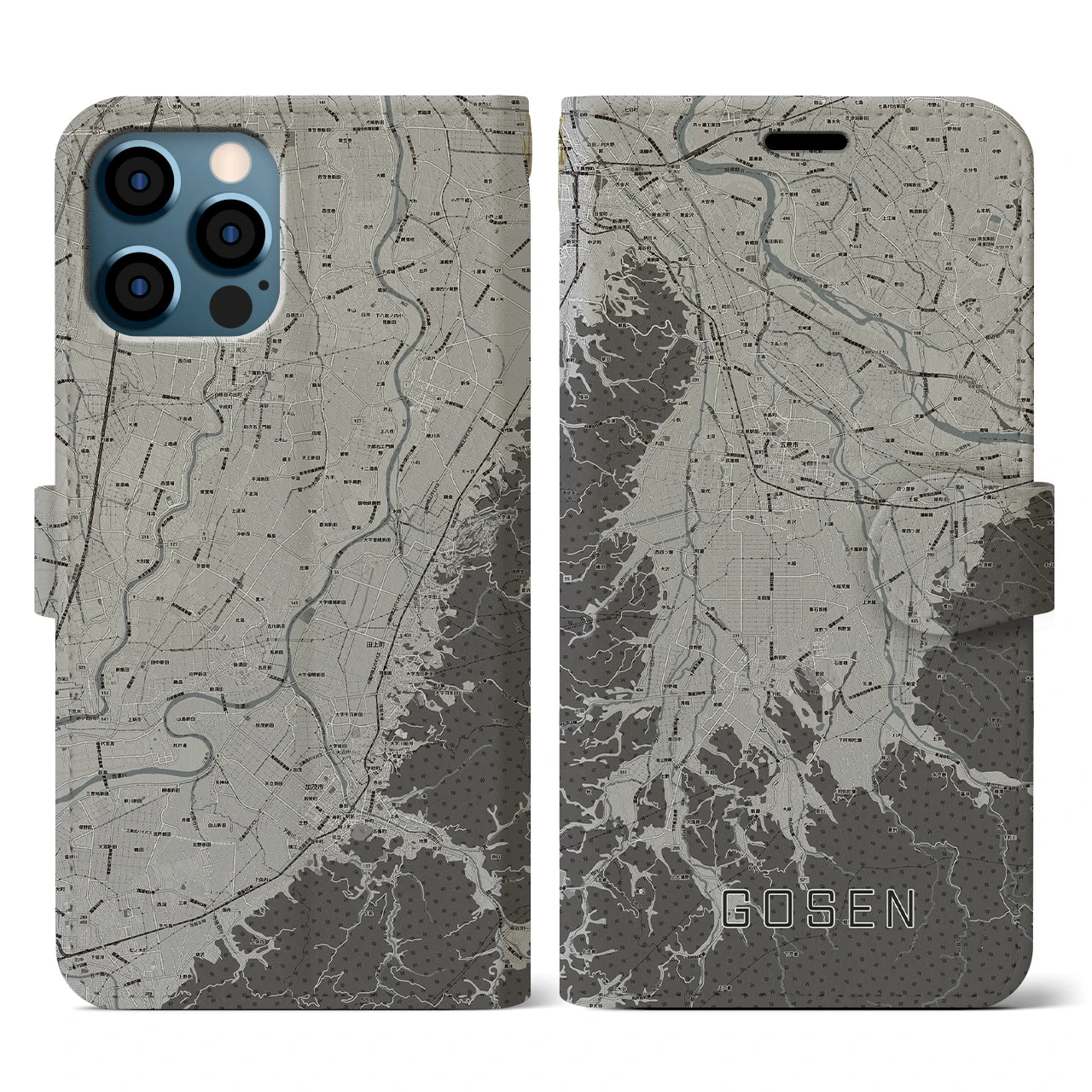 【五泉(新潟県)】地図柄iPhoneケース(手帳タイプ)モノトーン・iPhone 12 / 12 Pro 用