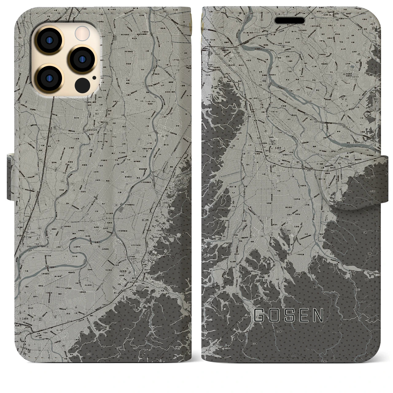 【五泉(新潟県)】地図柄iPhoneケース(手帳タイプ)モノトーン・iPhone 12 Pro Max 用