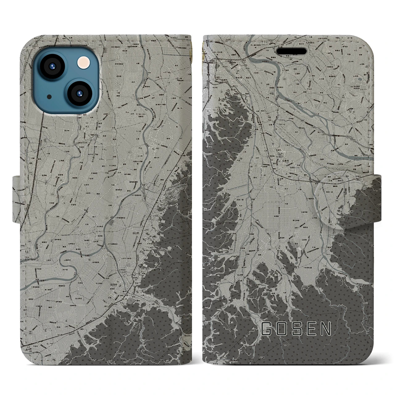 【五泉(新潟県)】地図柄iPhoneケース(手帳タイプ)モノトーン・iPhone 13 用