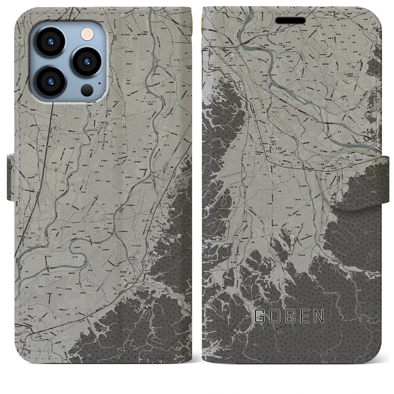 【五泉(新潟県)】地図柄iPhoneケース(手帳タイプ)モノトーン・iPhone 13 Pro Max 用
