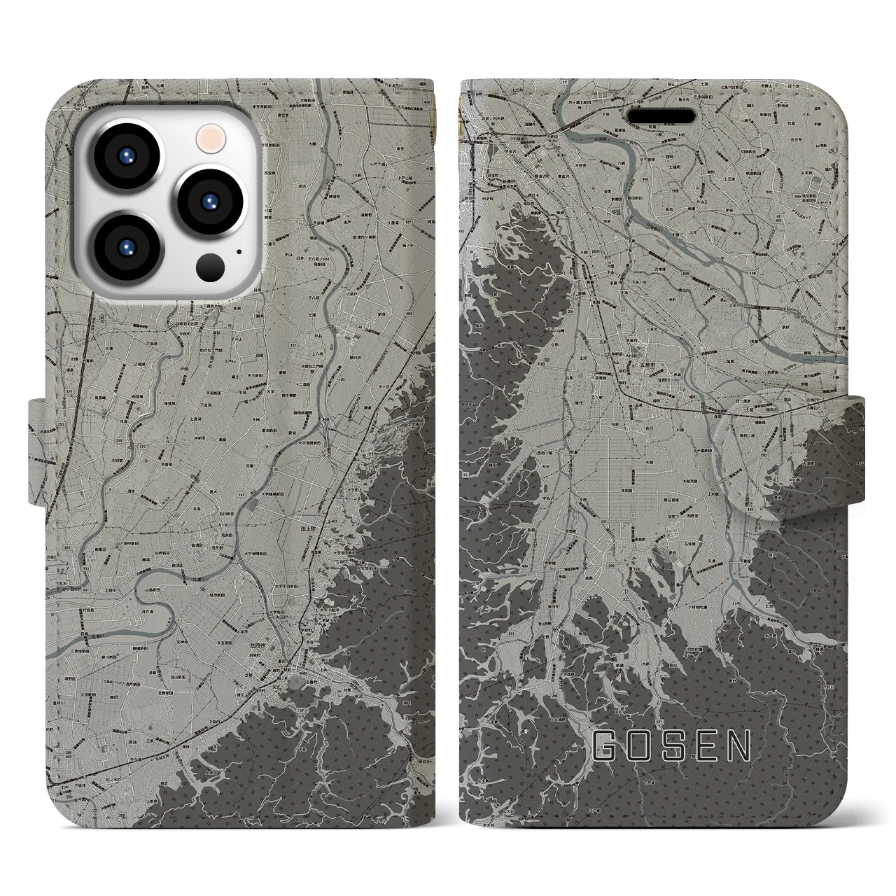 【五泉(新潟県)】地図柄iPhoneケース(手帳タイプ)モノトーン・iPhone 13 Pro 用