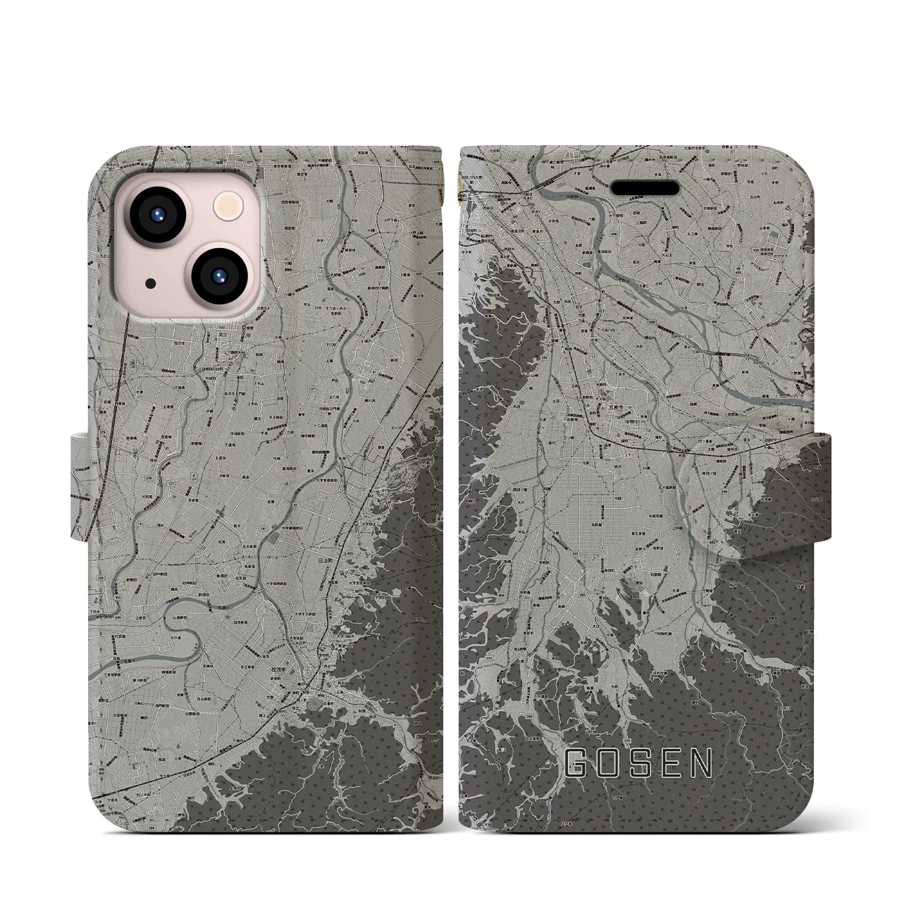 【五泉(新潟県)】地図柄iPhoneケース(手帳タイプ)モノトーン・iPhone 13 mini 用