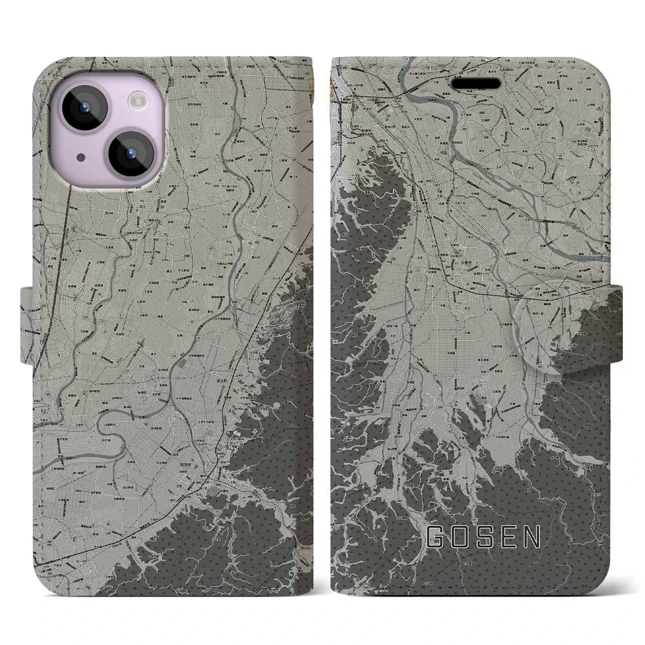 【五泉(新潟県)】地図柄iPhoneケース(手帳タイプ)モノトーン・iPhone 14 用