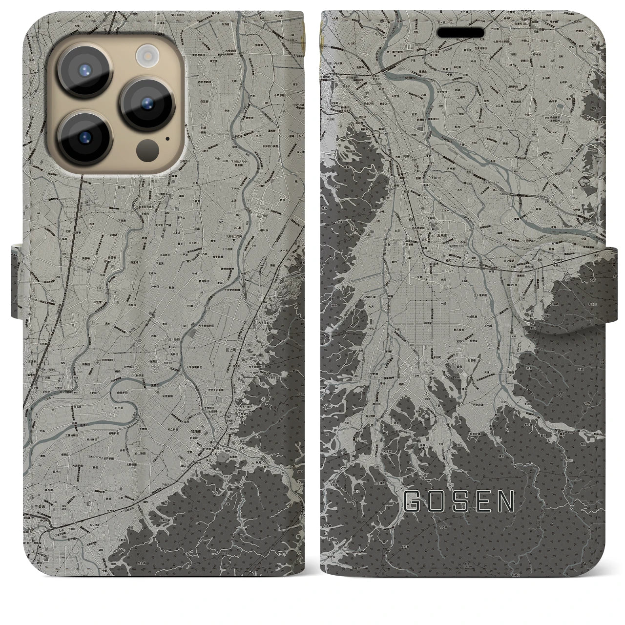 【五泉(新潟県)】地図柄iPhoneケース(手帳タイプ)モノトーン・iPhone 14 Pro Max 用
