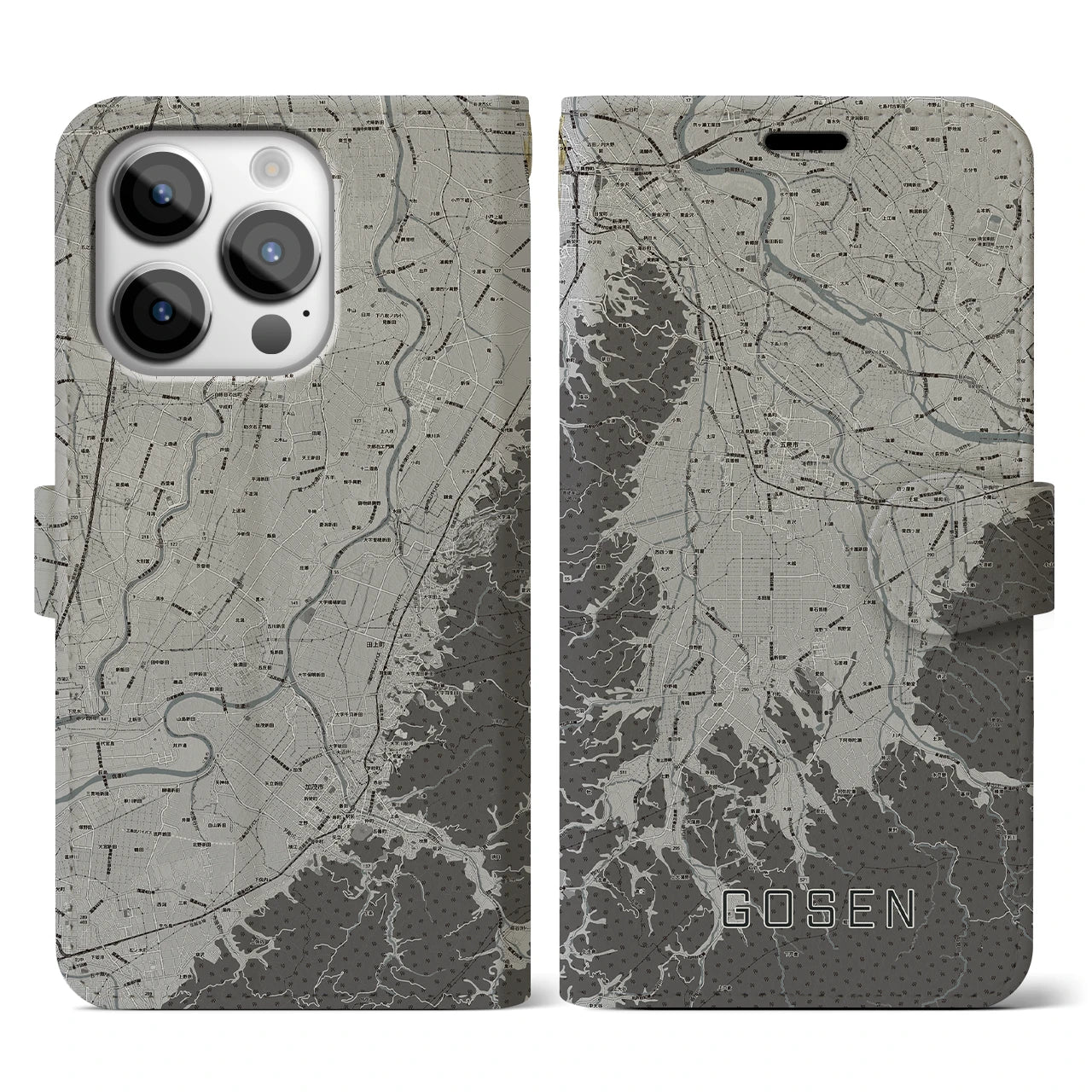 【五泉(新潟県)】地図柄iPhoneケース(手帳タイプ)モノトーン・iPhone 14 Pro 用