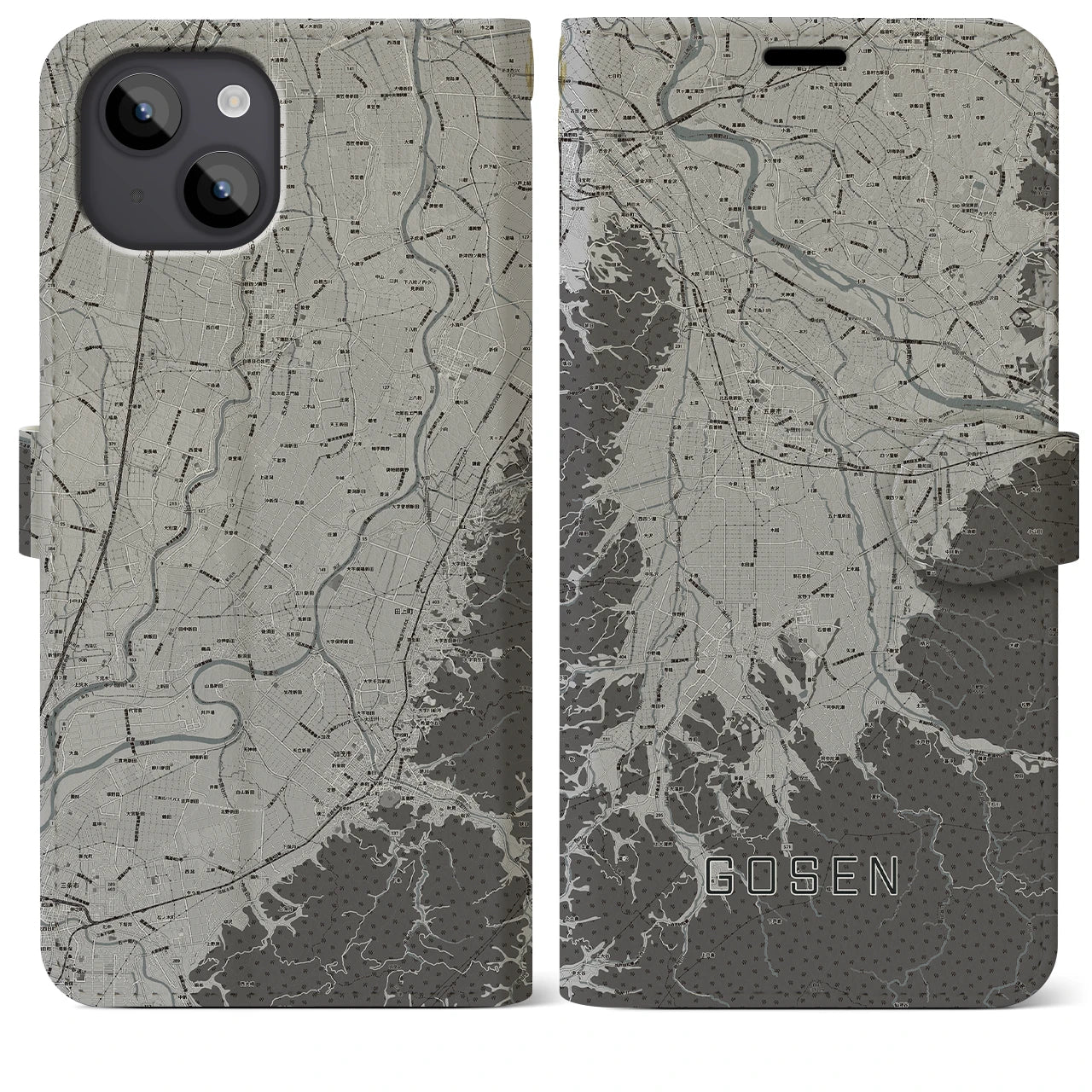 【五泉(新潟県)】地図柄iPhoneケース(手帳タイプ)モノトーン・iPhone 14 Plus 用