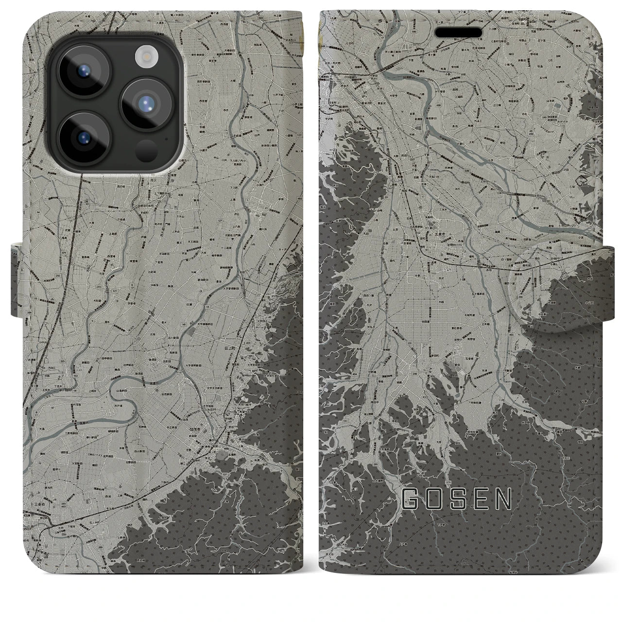 【五泉(新潟県)】地図柄iPhoneケース(手帳タイプ)モノトーン・iPhone 15 Pro Max 用