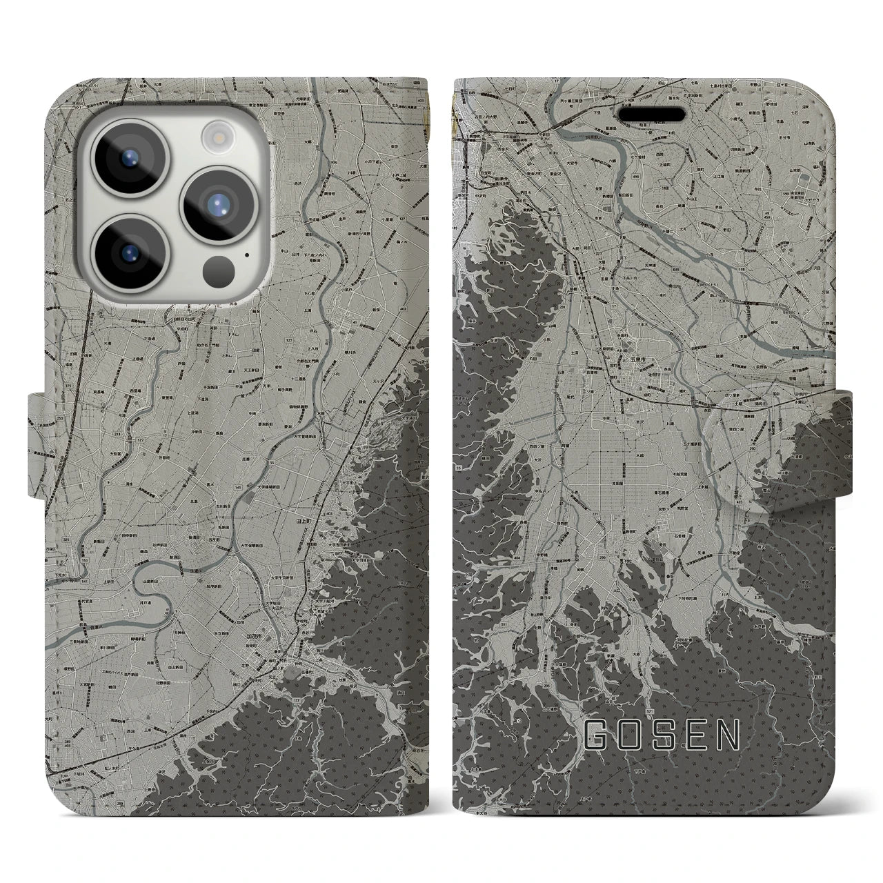 【五泉(新潟県)】地図柄iPhoneケース(手帳タイプ)モノトーン・iPhone 15 Pro 用
