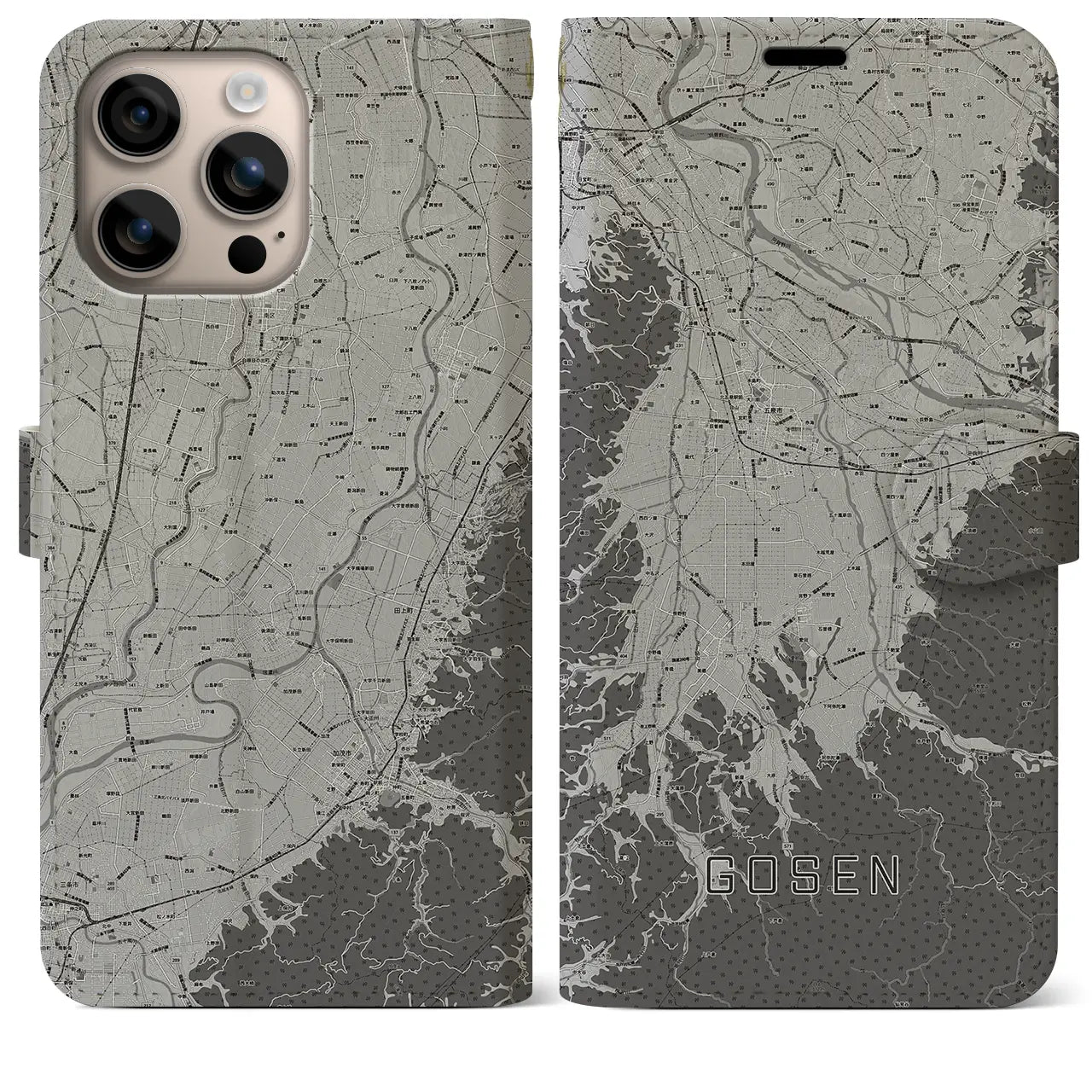 【五泉(新潟県)】地図柄iPhoneケース(手帳タイプ)モノトーン・iPhone 16 Plus 用