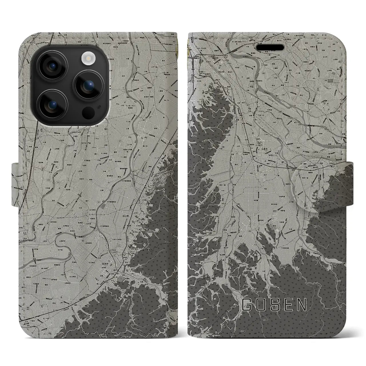 【五泉(新潟県)】地図柄iPhoneケース(手帳タイプ)モノトーン・iPhone 16 用
