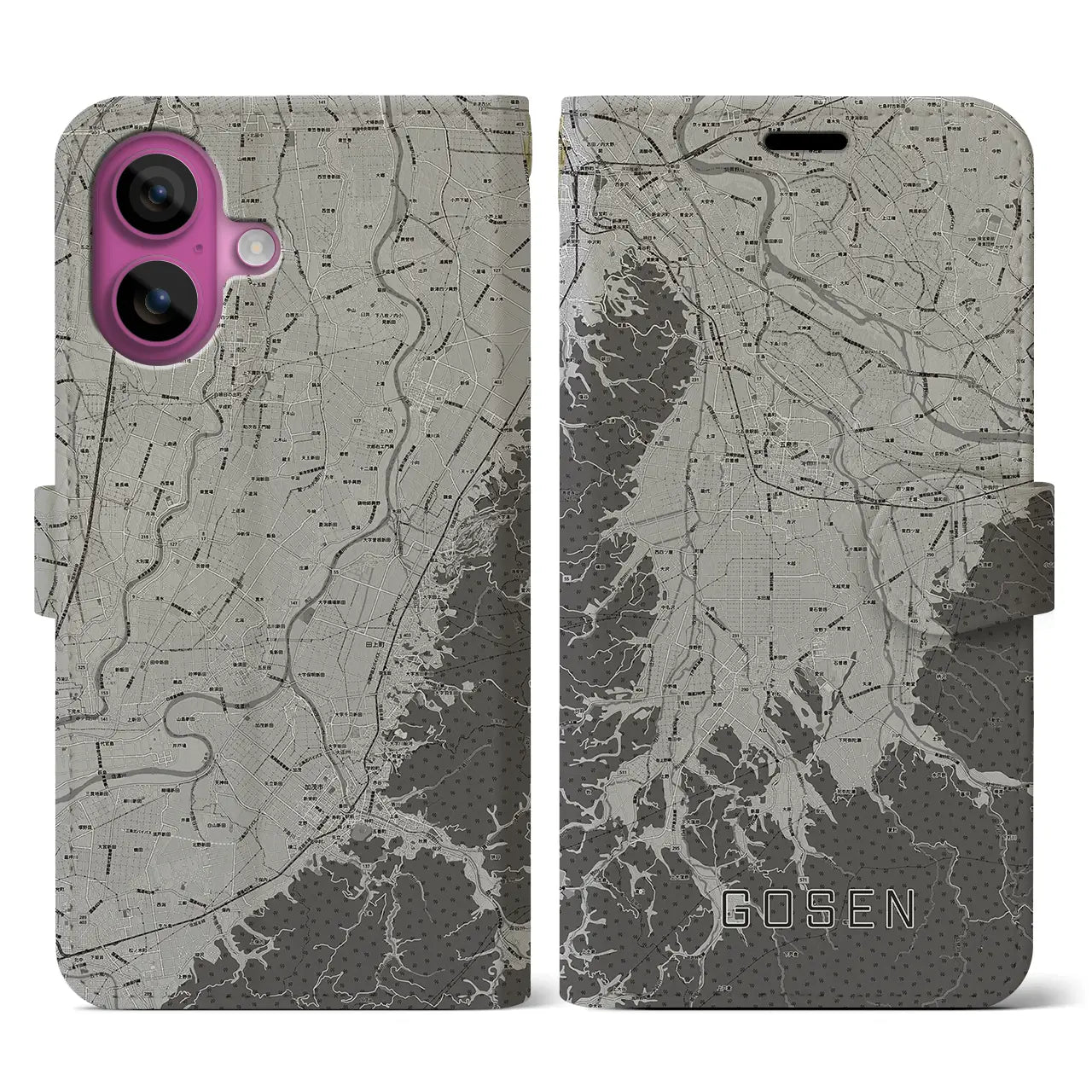 【五泉(新潟県)】地図柄iPhoneケース(手帳タイプ)モノトーン・iPhone 16 Pro 用