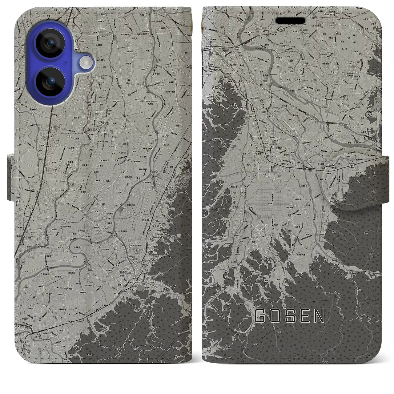 【五泉(新潟県)】地図柄iPhoneケース(手帳タイプ)モノトーン・iPhone 16 Pro Max 用