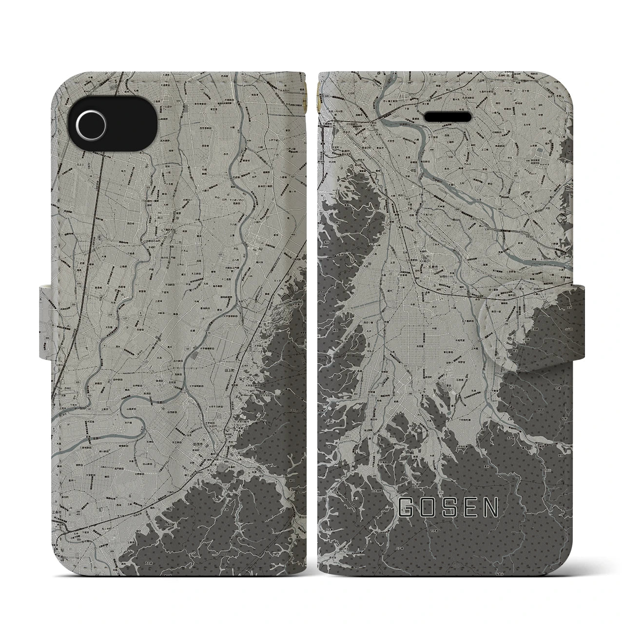 【五泉(新潟県)】地図柄iPhoneケース(手帳タイプ)モノトーン・iPhone SE(第3 / 第2世代) / 8 / 7 / 6s / 6 用