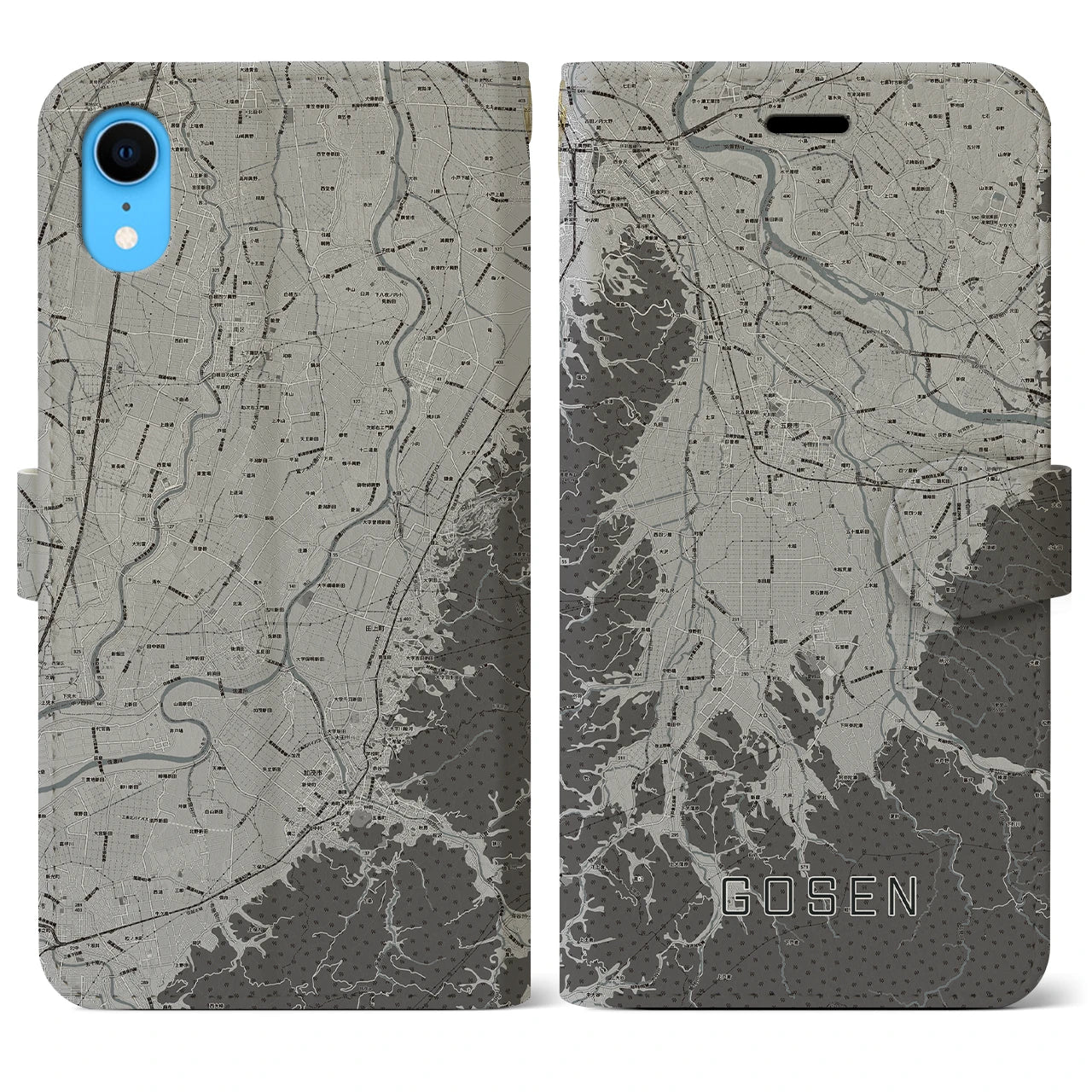 【五泉(新潟県)】地図柄iPhoneケース(手帳タイプ)モノトーン・iPhone XR 用