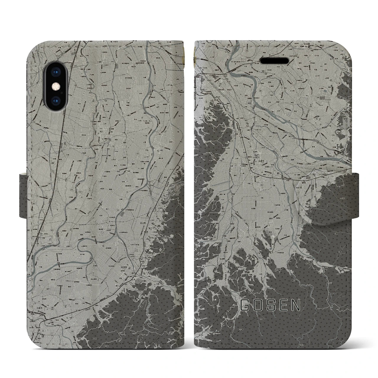 【五泉(新潟県)】地図柄iPhoneケース(手帳タイプ)モノトーン・iPhone XS / X 用