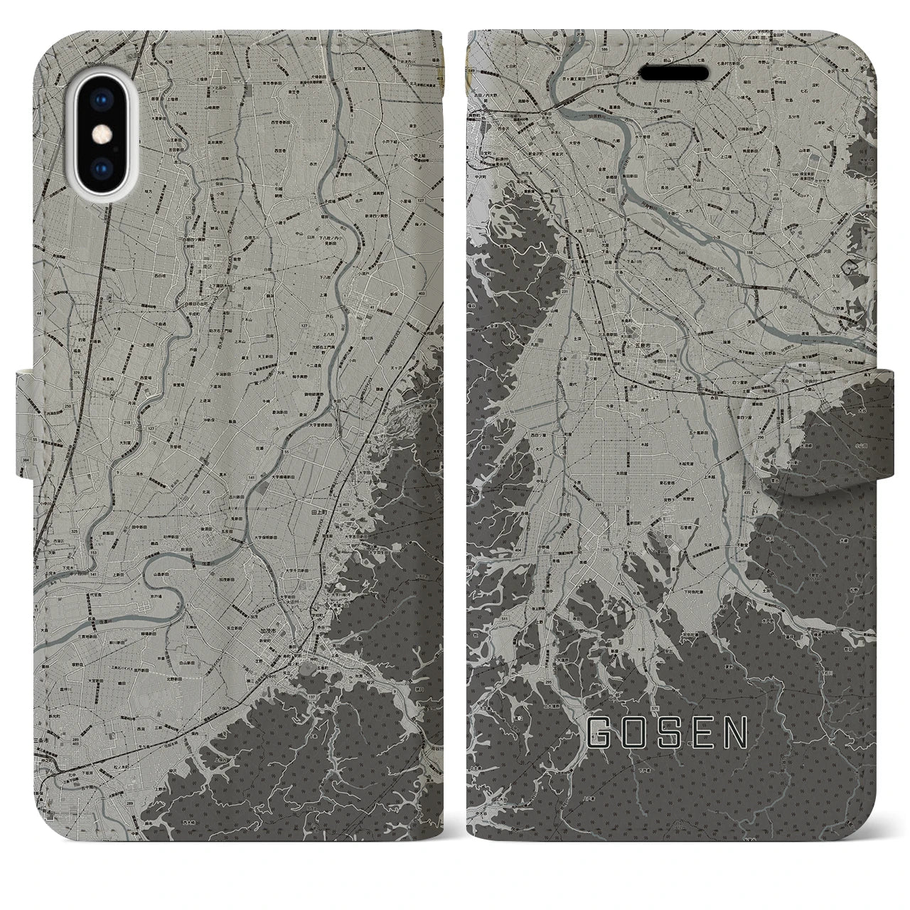 【五泉(新潟県)】地図柄iPhoneケース(手帳タイプ)モノトーン・iPhone XS Max 用