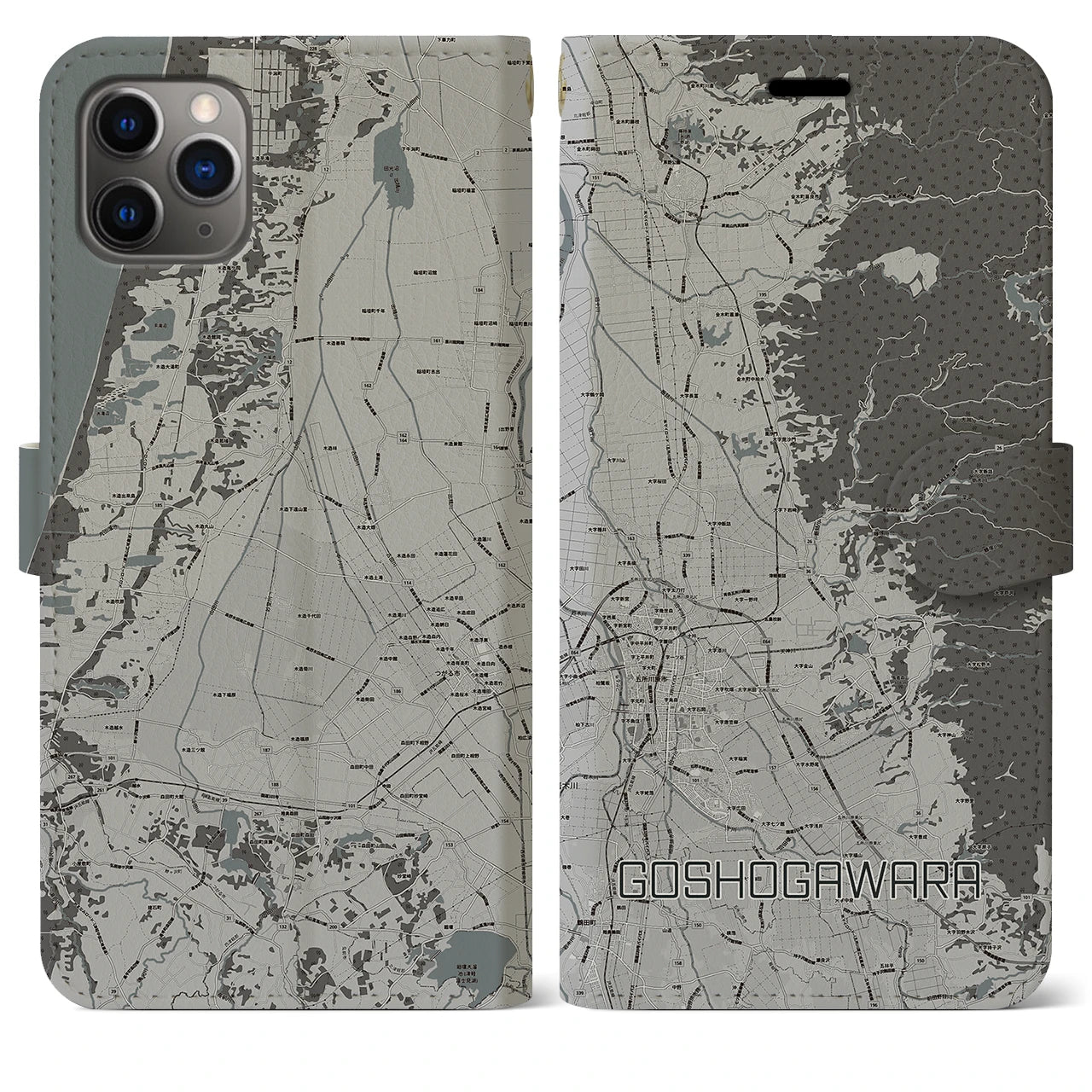 【五所川原(青森県)】地図柄iPhoneケース(手帳タイプ)モノトーン・iPhone 11 Pro Max 用