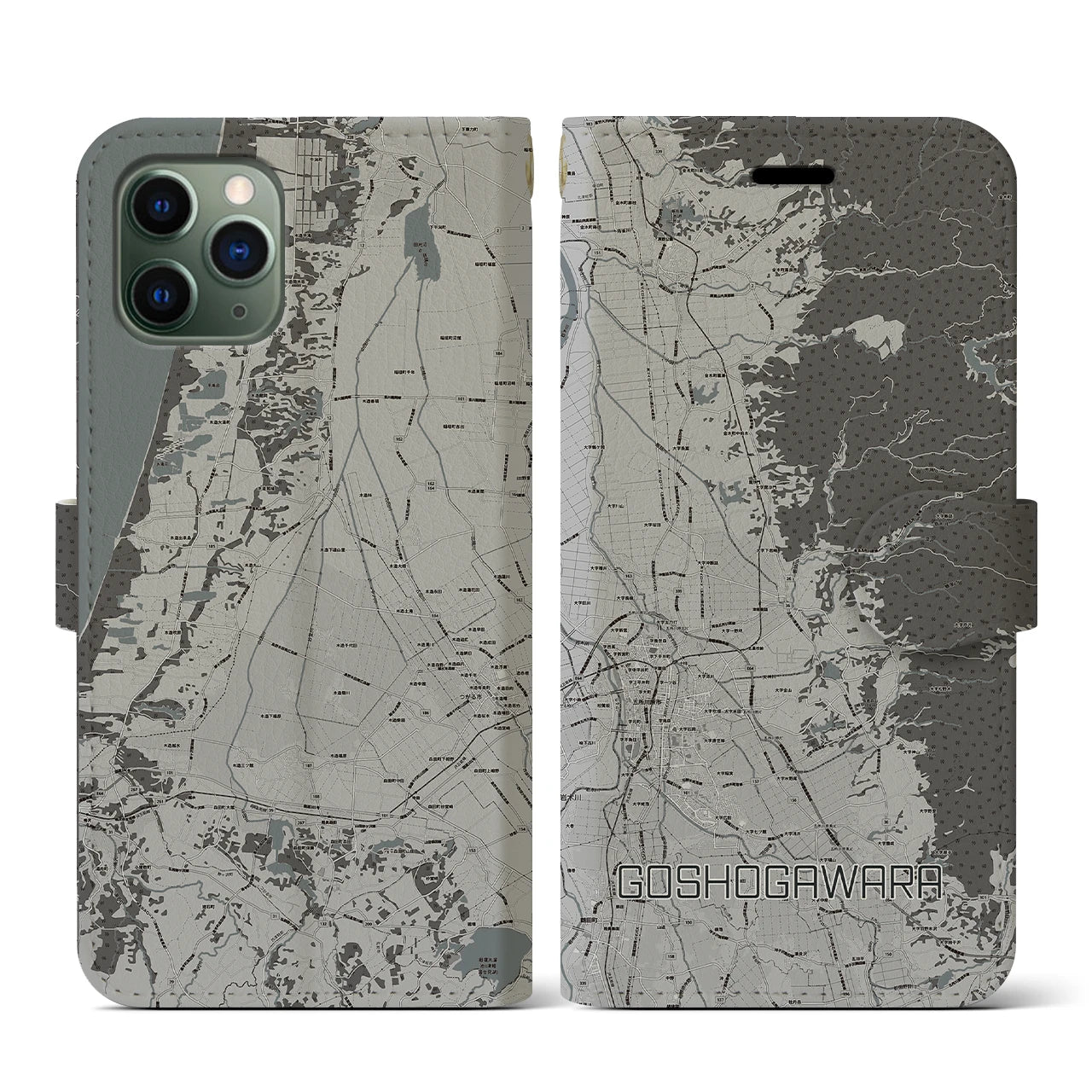【五所川原(青森県)】地図柄iPhoneケース(手帳タイプ)モノトーン・iPhone 11 Pro 用