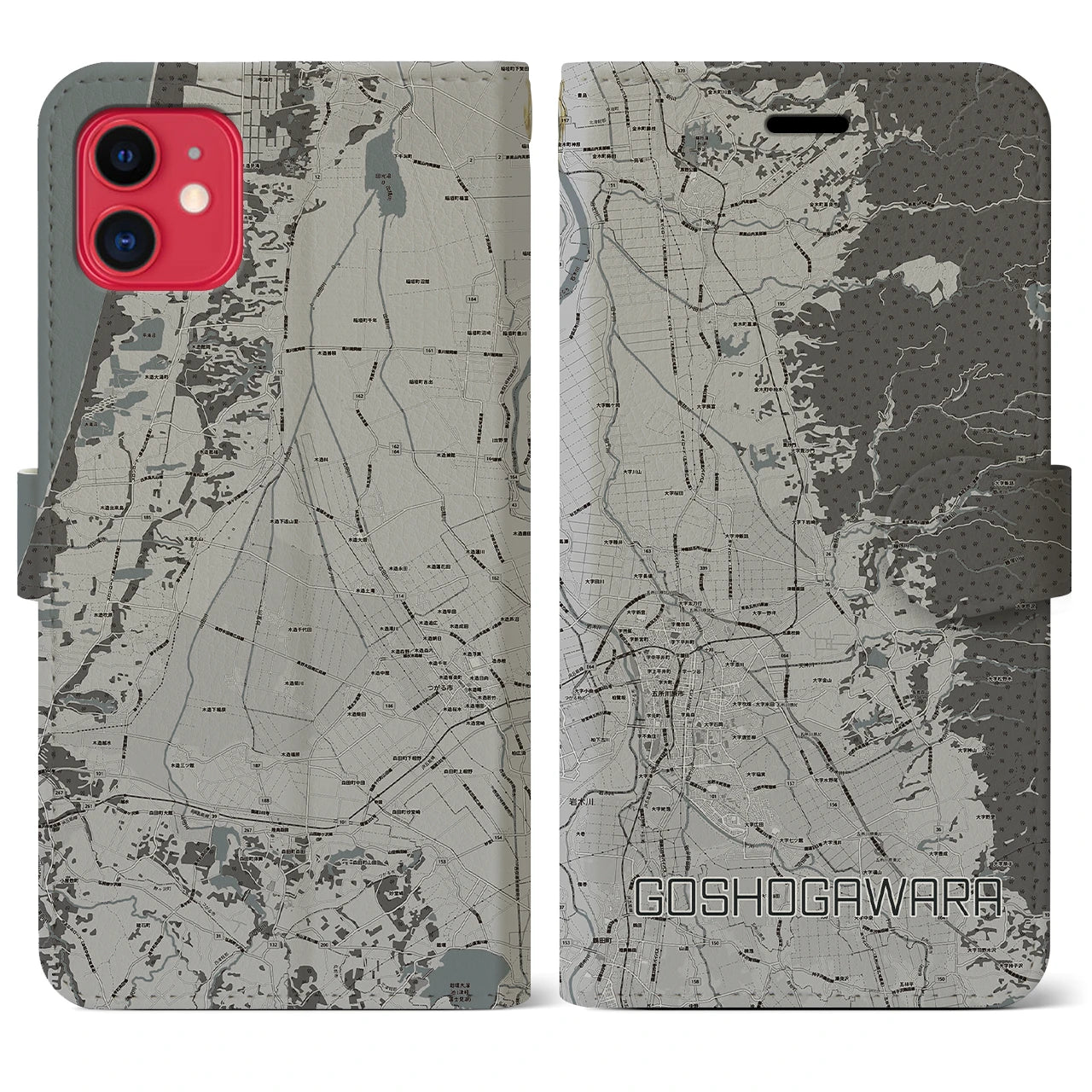 【五所川原(青森県)】地図柄iPhoneケース(手帳タイプ)モノトーン・iPhone 11 用