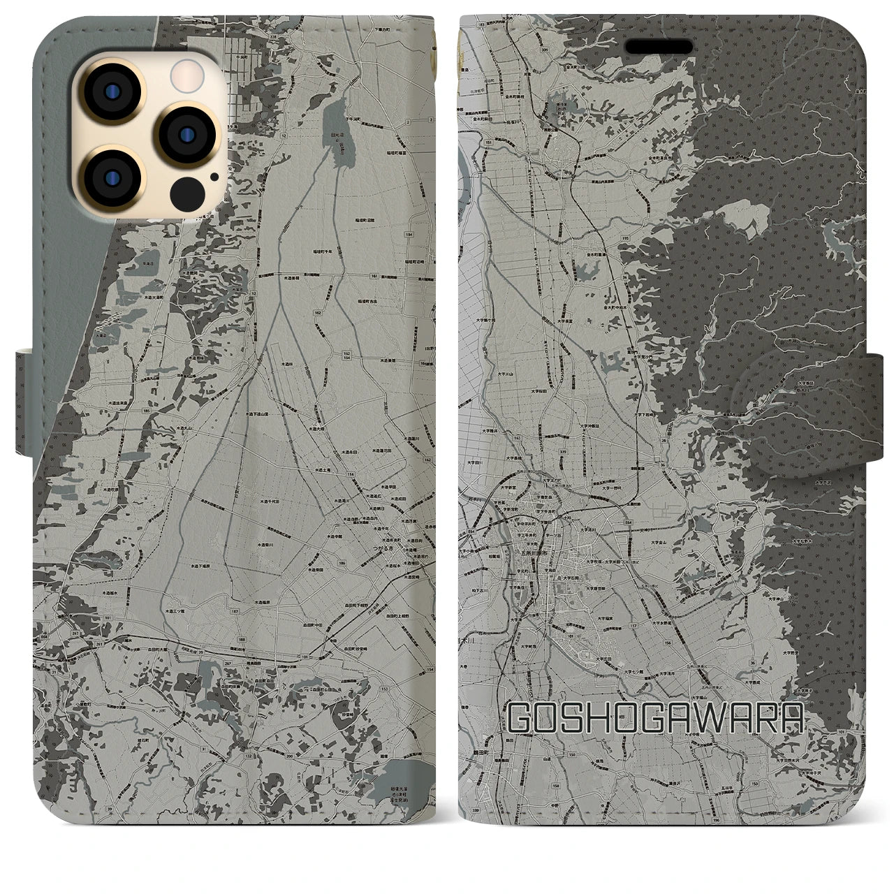 【五所川原(青森県)】地図柄iPhoneケース(手帳タイプ)モノトーン・iPhone 12 Pro Max 用