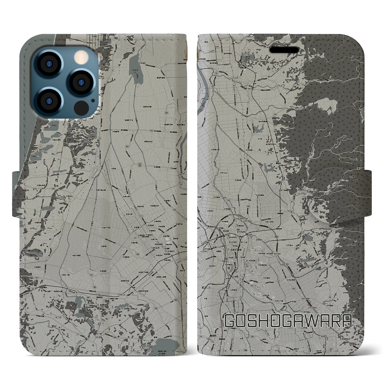 【五所川原(青森県)】地図柄iPhoneケース(手帳タイプ)モノトーン・iPhone 12 / 12 Pro 用