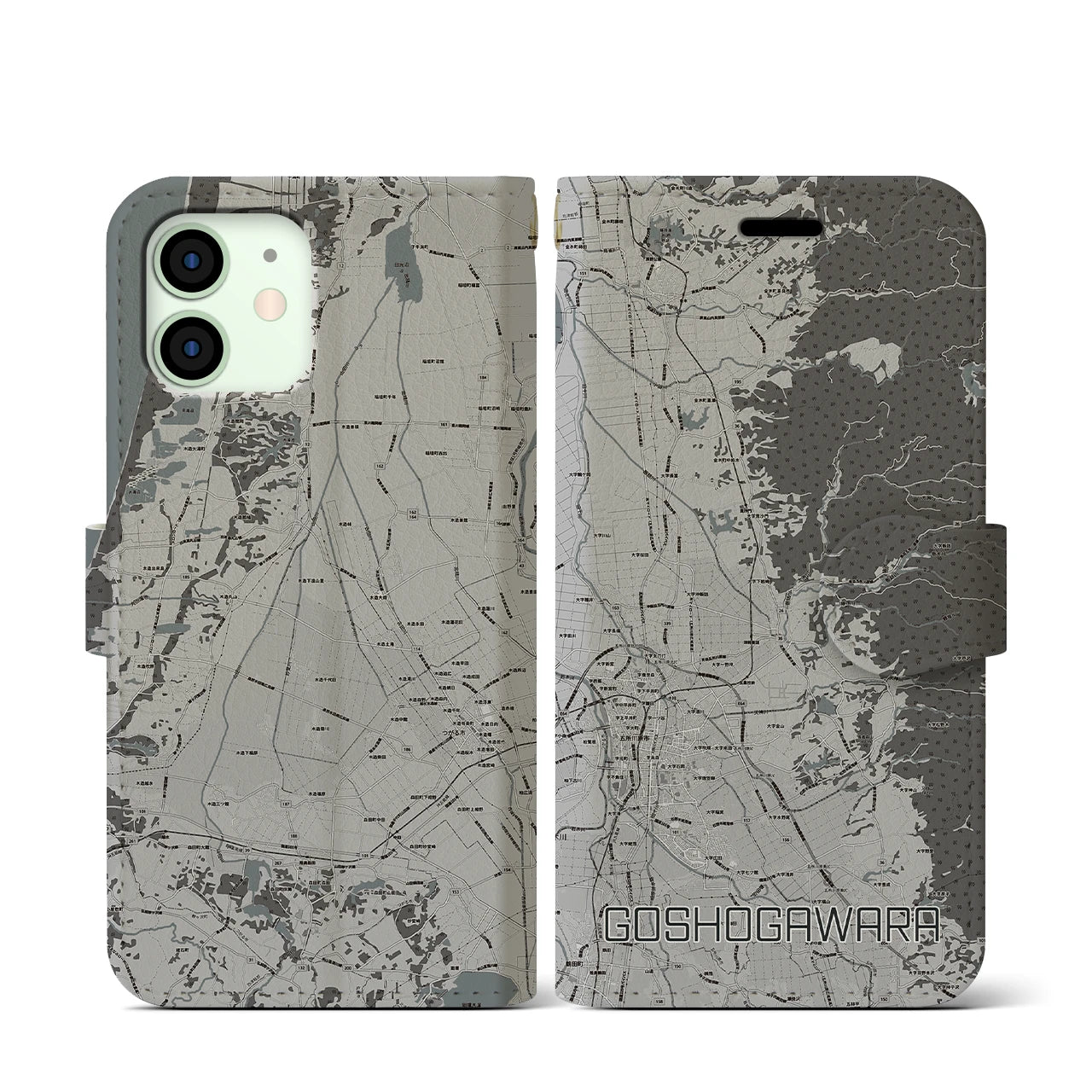 【五所川原(青森県)】地図柄iPhoneケース(手帳タイプ)モノトーン・iPhone 12 mini 用
