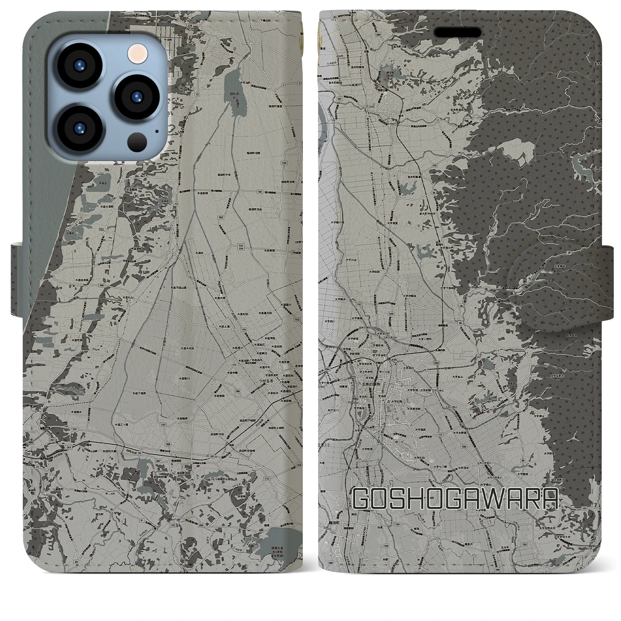 【五所川原(青森県)】地図柄iPhoneケース(手帳タイプ)モノトーン・iPhone 13 Pro Max 用