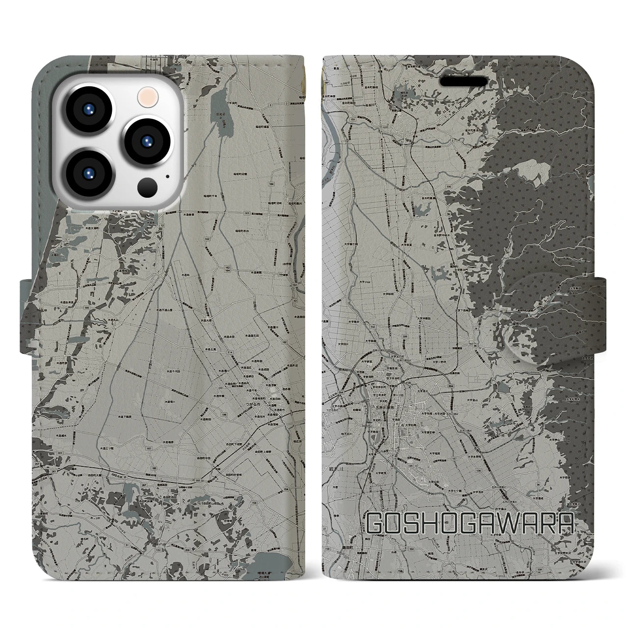 【五所川原(青森県)】地図柄iPhoneケース(手帳タイプ)モノトーン・iPhone 13 Pro 用