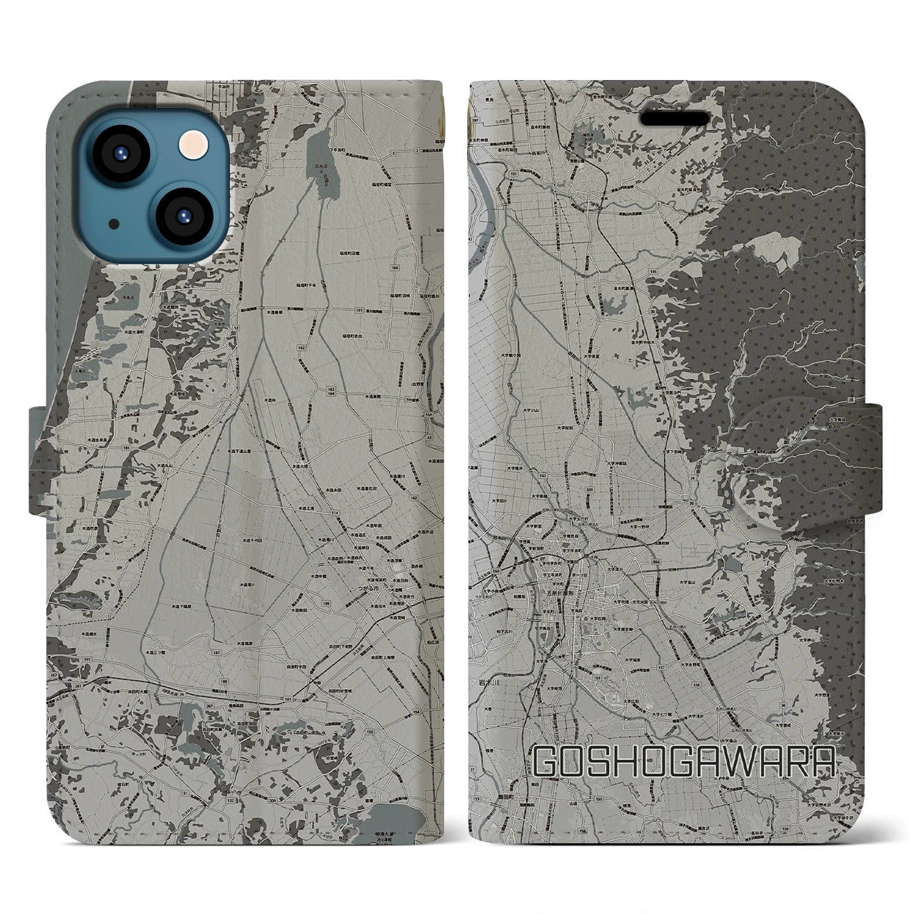 【五所川原(青森県)】地図柄iPhoneケース(手帳タイプ)モノトーン・iPhone 13 用
