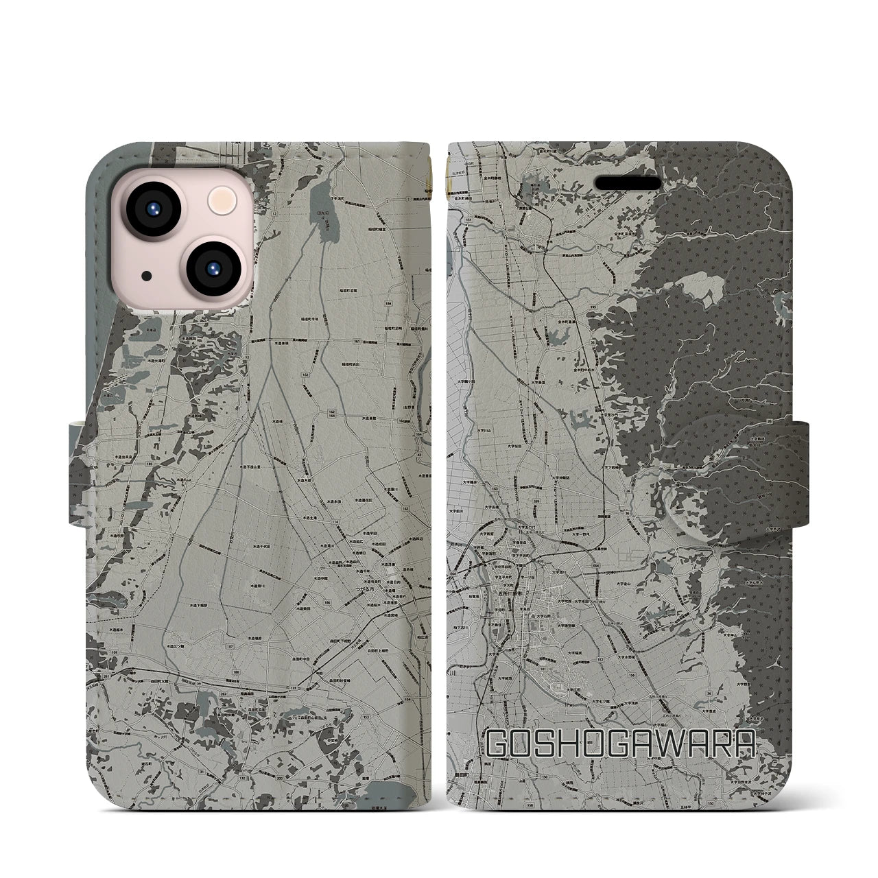 【五所川原(青森県)】地図柄iPhoneケース(手帳タイプ)モノトーン・iPhone 13 mini 用