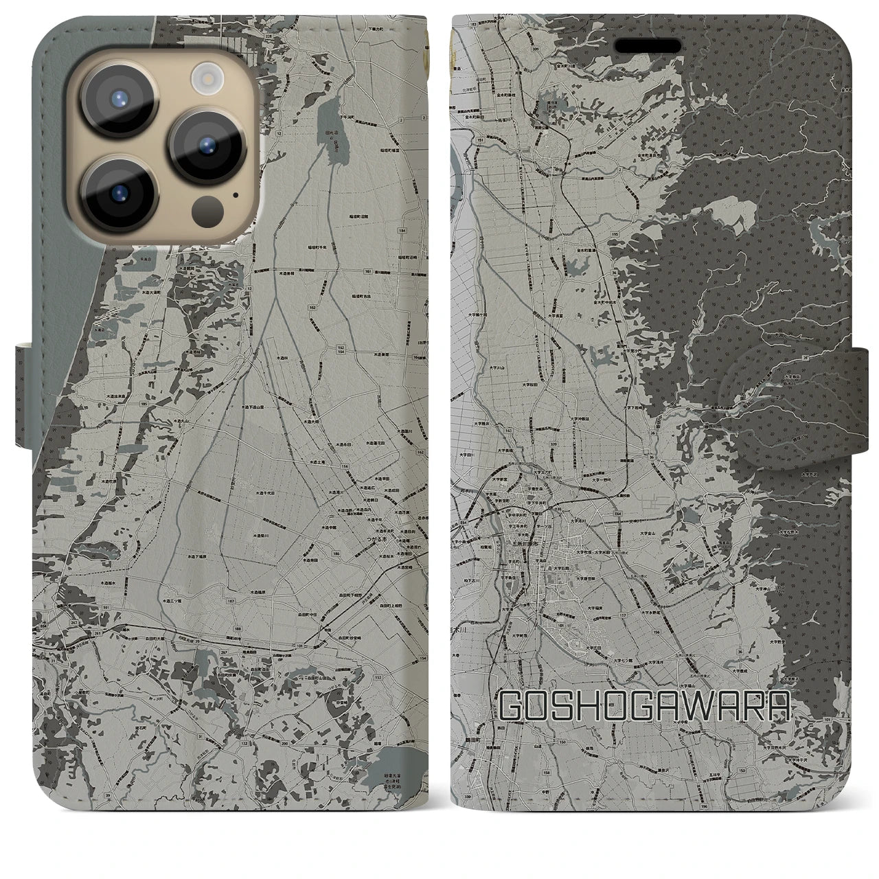 【五所川原(青森県)】地図柄iPhoneケース(手帳タイプ)モノトーン・iPhone 14 Pro Max 用