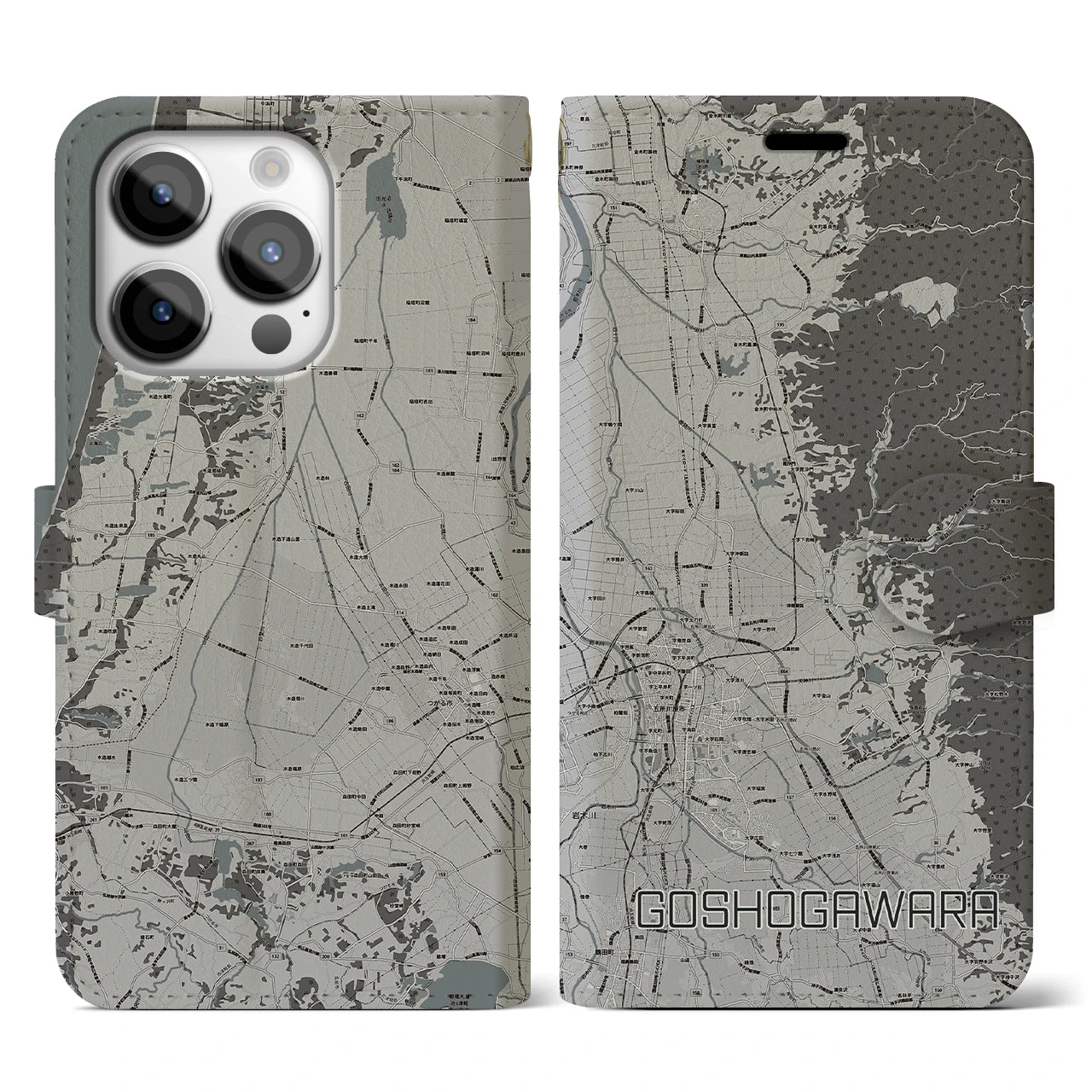 【五所川原(青森県)】地図柄iPhoneケース(手帳タイプ)モノトーン・iPhone 14 Pro 用