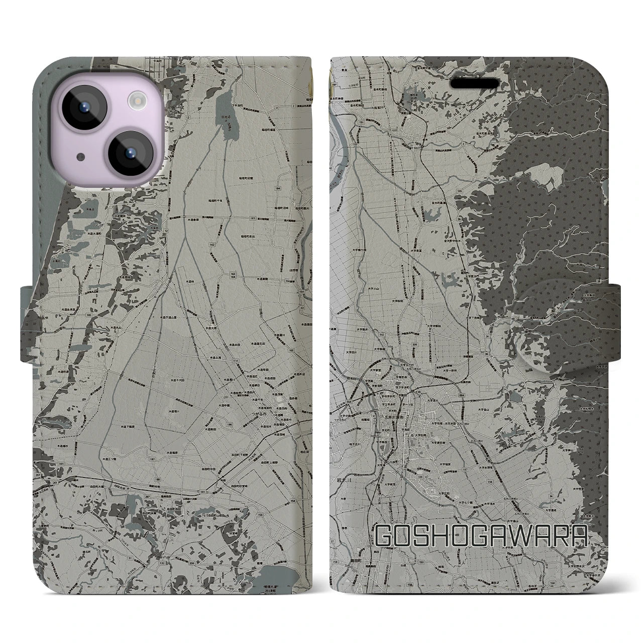 【五所川原(青森県)】地図柄iPhoneケース(手帳タイプ)モノトーン・iPhone 14 用