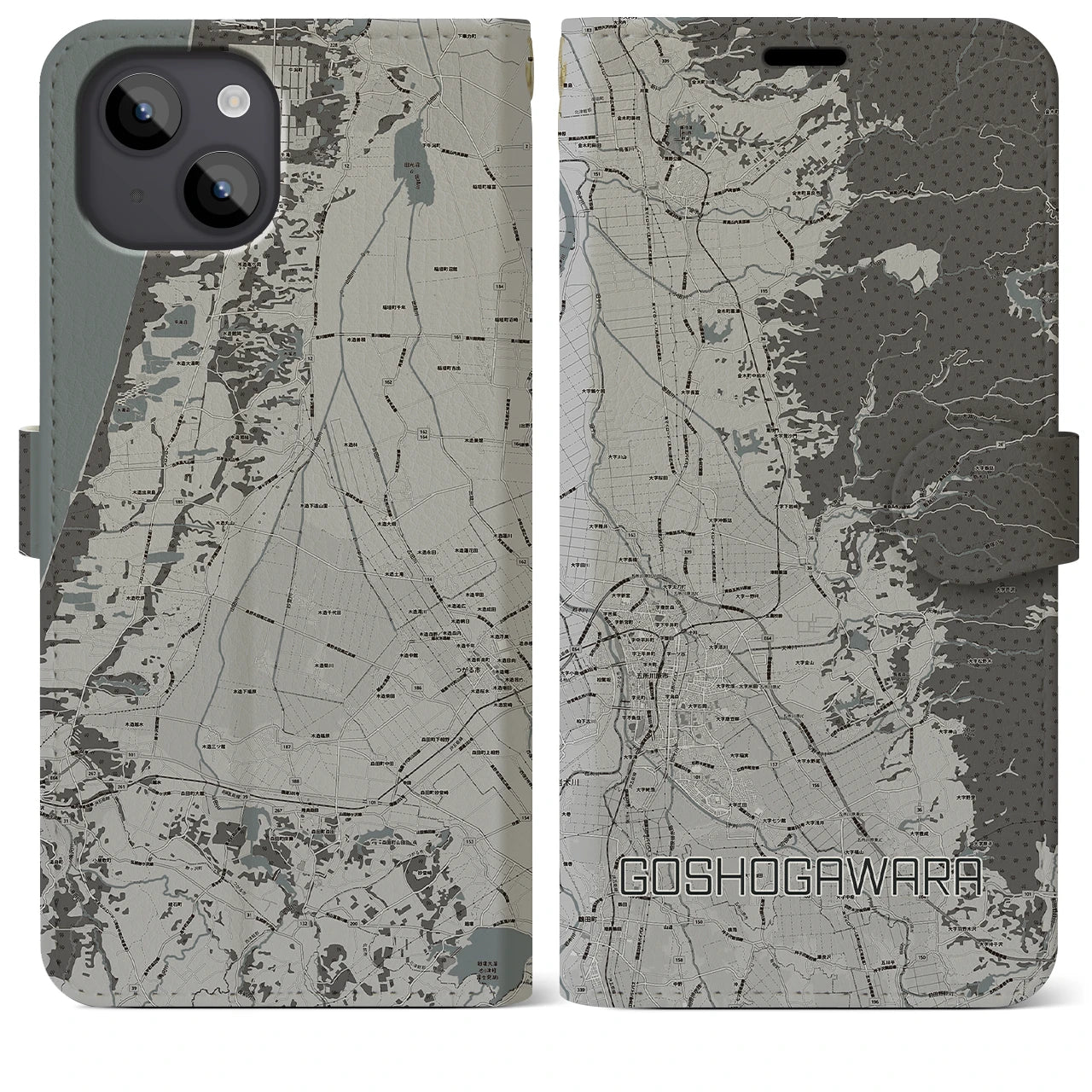 【五所川原(青森県)】地図柄iPhoneケース(手帳タイプ)モノトーン・iPhone 14 Plus 用