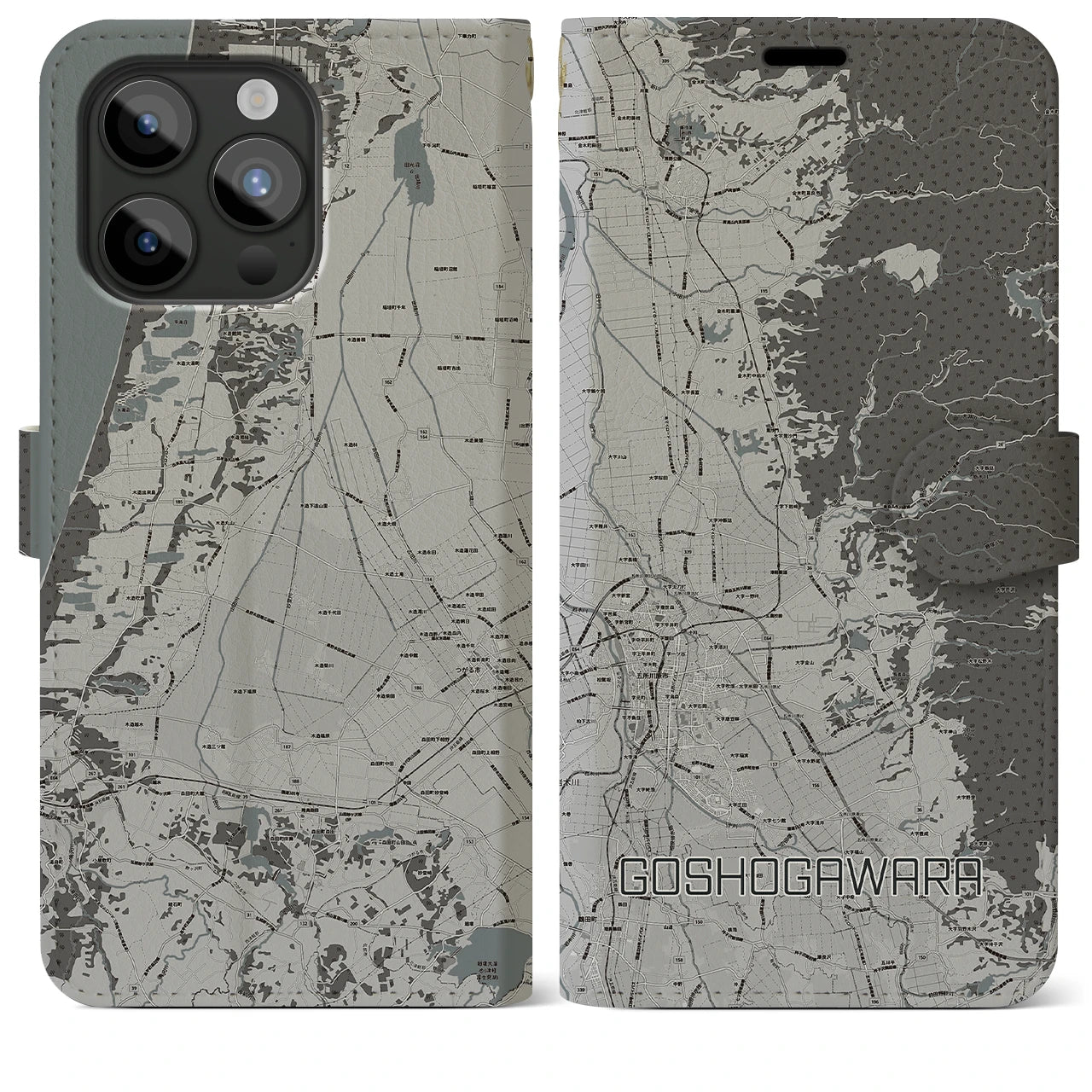 【五所川原(青森県)】地図柄iPhoneケース(手帳タイプ)モノトーン・iPhone 15 Pro Max 用