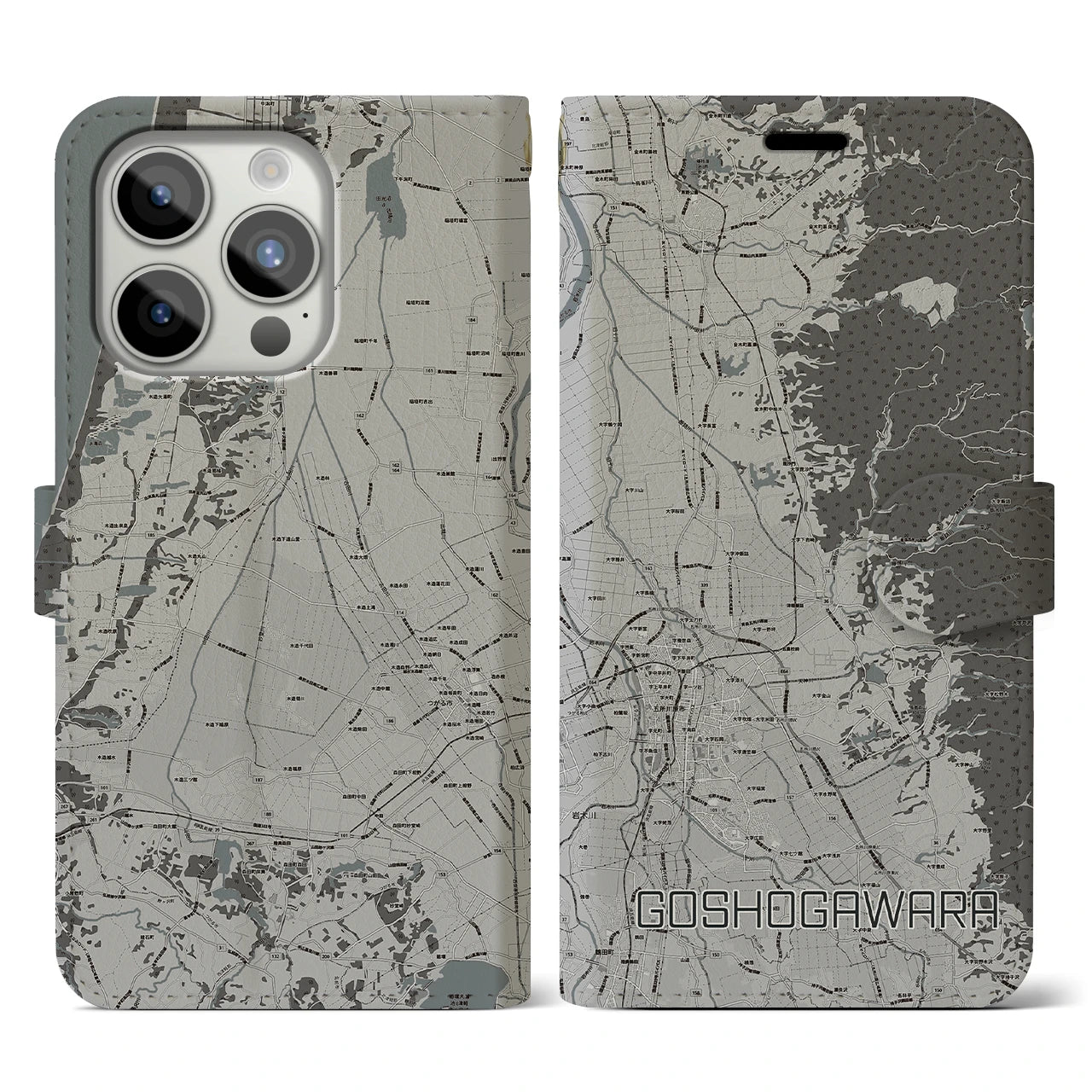 【五所川原(青森県)】地図柄iPhoneケース(手帳タイプ)モノトーン・iPhone 15 Pro 用