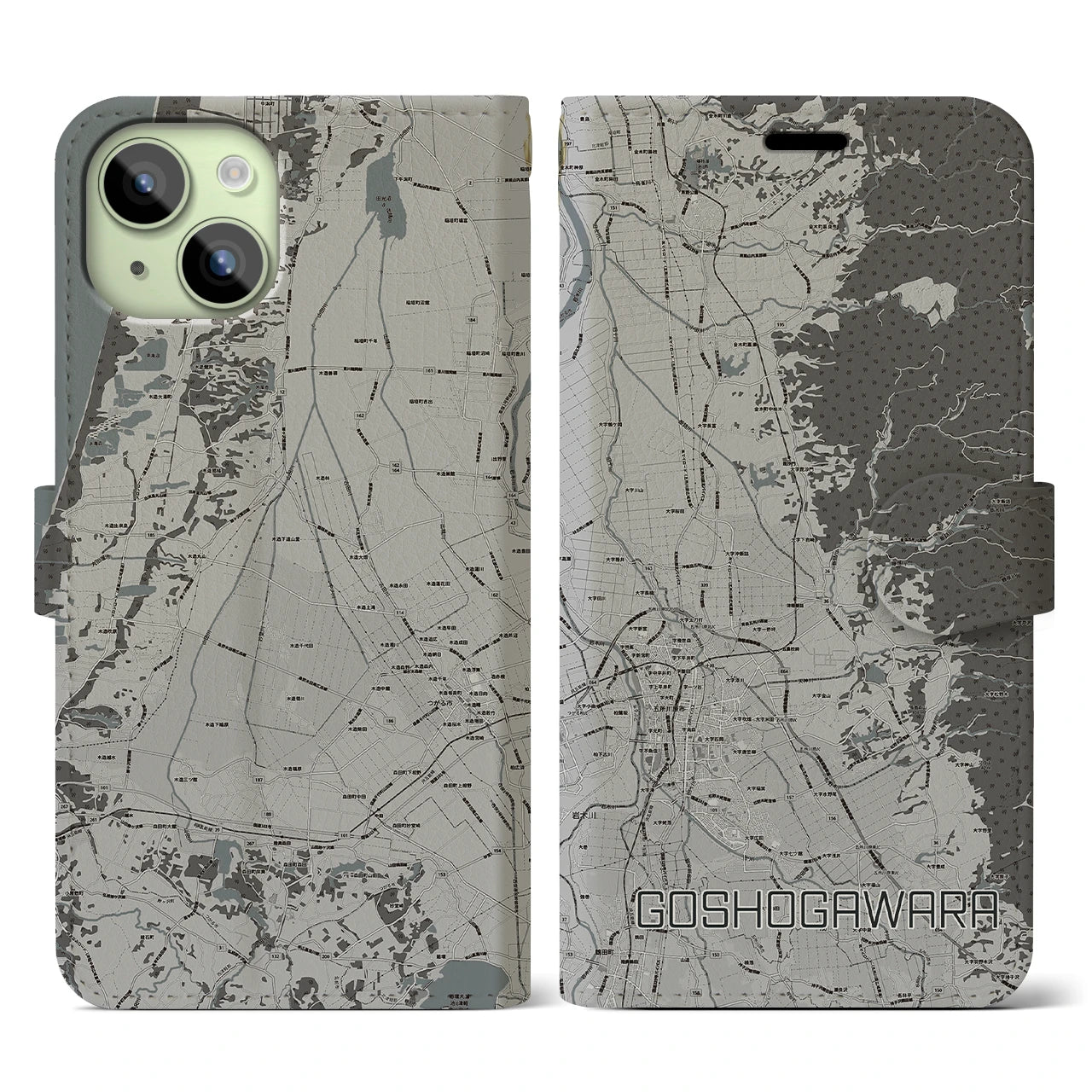 【五所川原(青森県)】地図柄iPhoneケース(手帳タイプ)モノトーン・iPhone 15 用