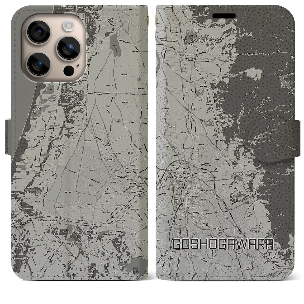 【五所川原(青森県)】地図柄iPhoneケース(手帳タイプ)モノトーン・iPhone 16 Plus 用
