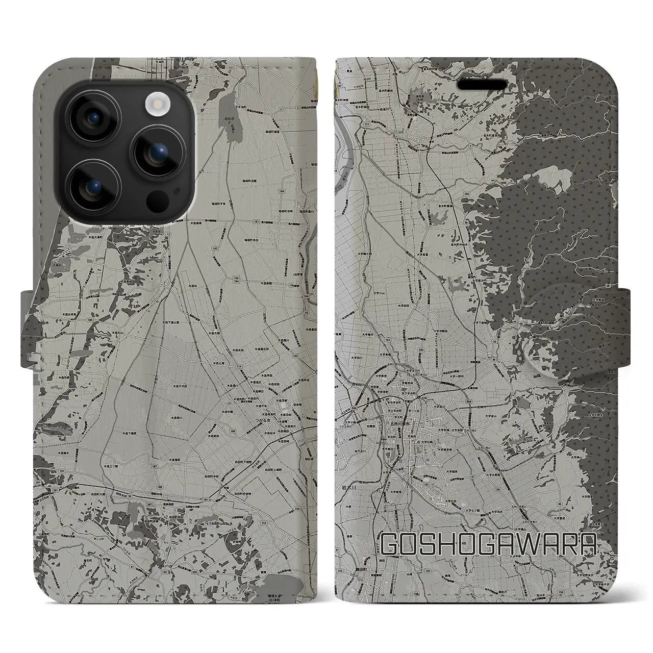 【五所川原(青森県)】地図柄iPhoneケース(手帳タイプ)モノトーン・iPhone 16 用
