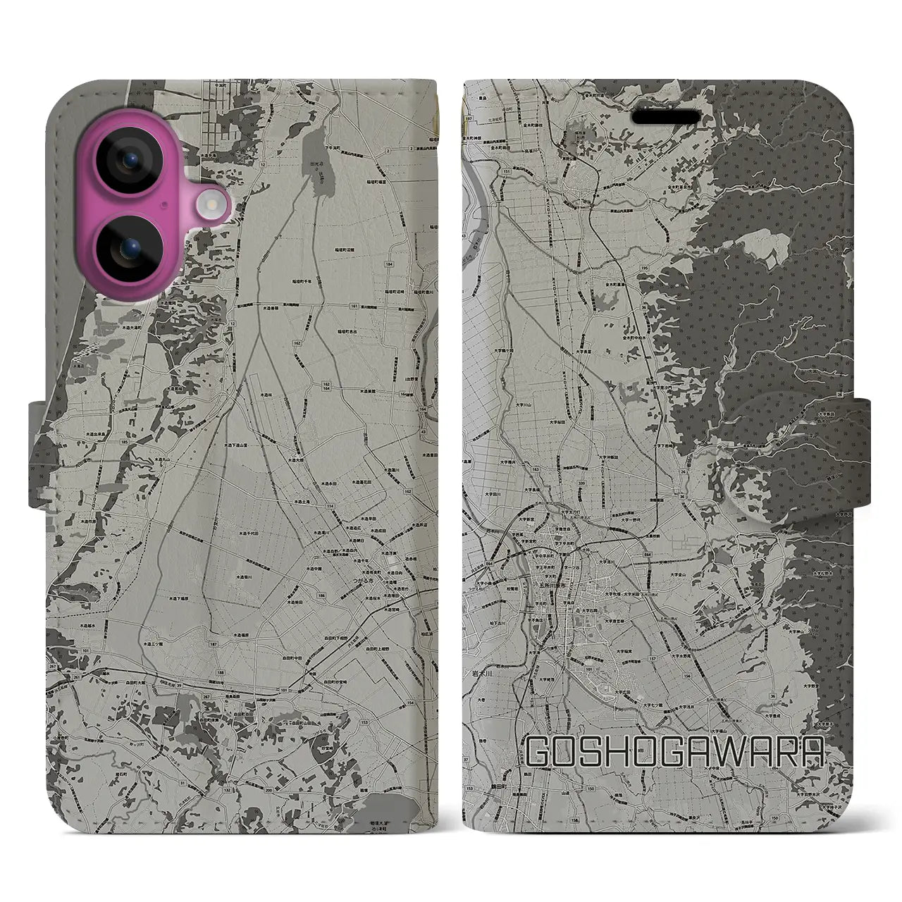 【五所川原(青森県)】地図柄iPhoneケース(手帳タイプ)モノトーン・iPhone 16 Pro 用