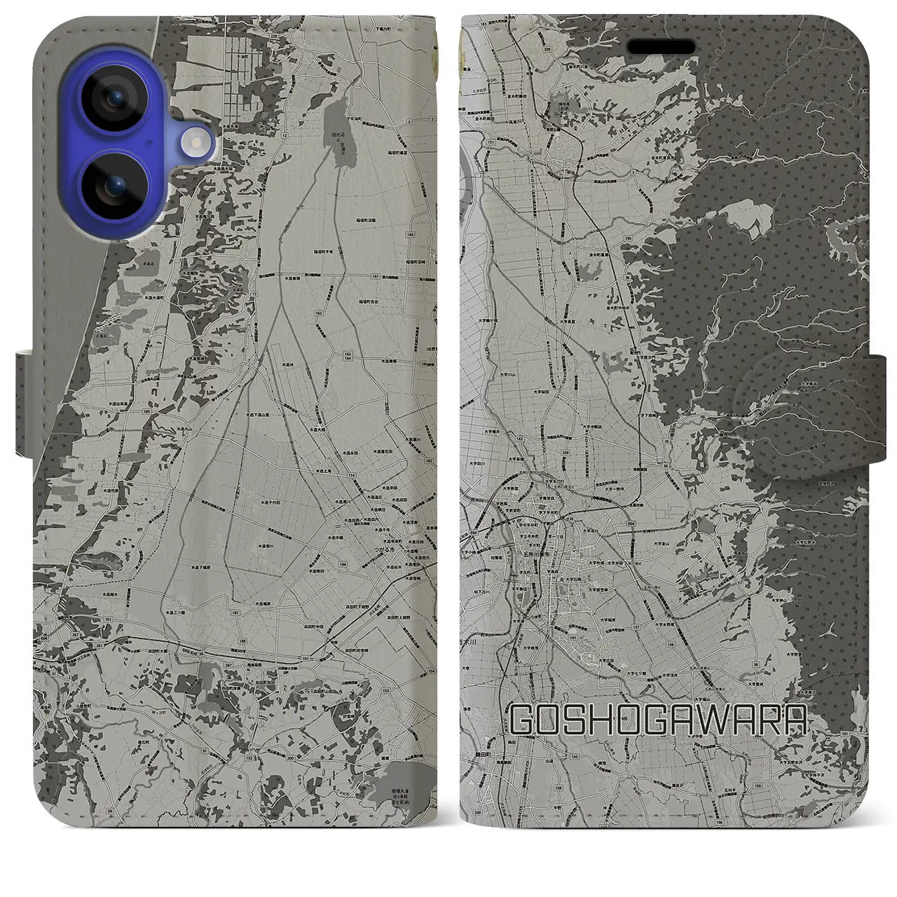 【五所川原(青森県)】地図柄iPhoneケース(手帳タイプ)モノトーン・iPhone 16 Pro Max 用