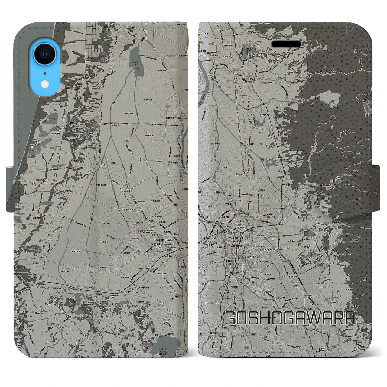 【五所川原(青森県)】地図柄iPhoneケース(手帳タイプ)モノトーン・iPhone XR 用