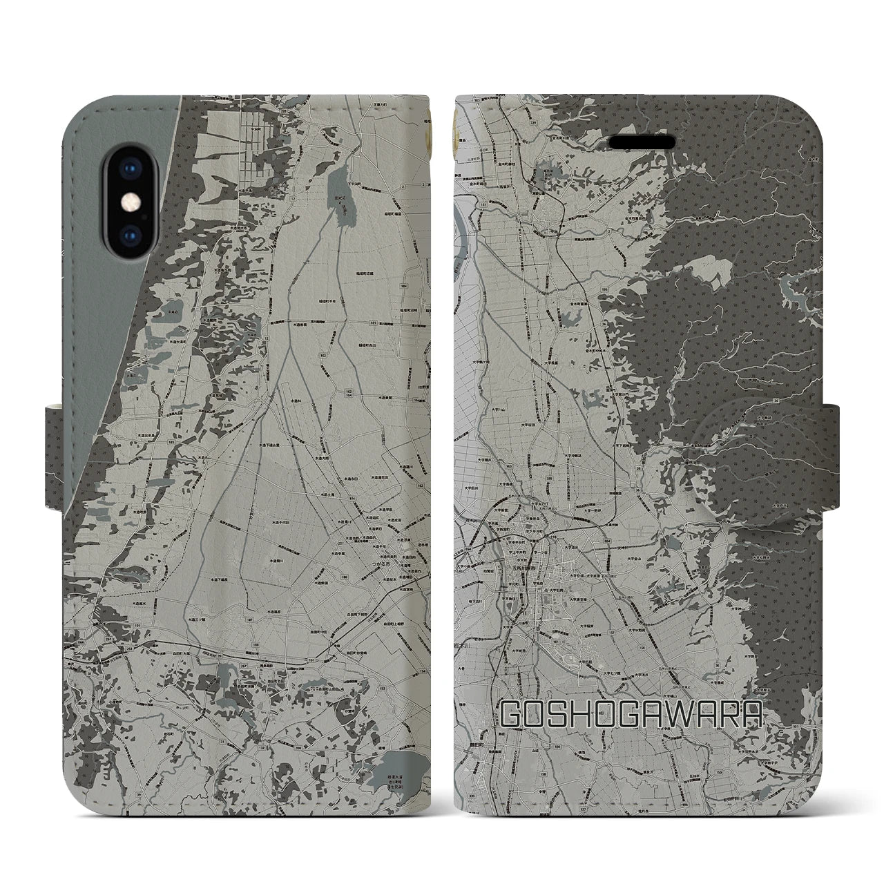 【五所川原(青森県)】地図柄iPhoneケース(手帳タイプ)モノトーン・iPhone XS / X 用