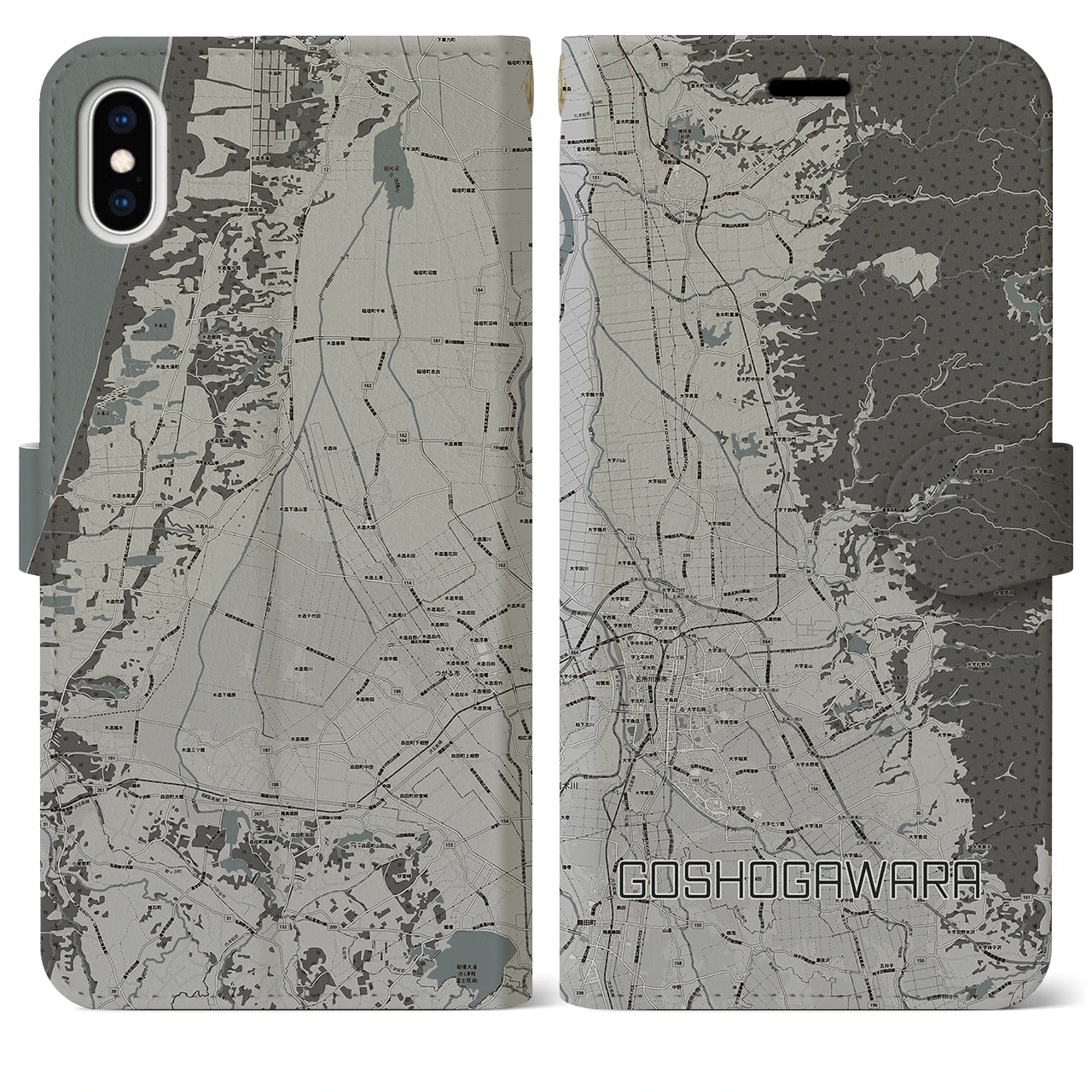 【五所川原(青森県)】地図柄iPhoneケース(手帳タイプ)モノトーン・iPhone XS Max 用